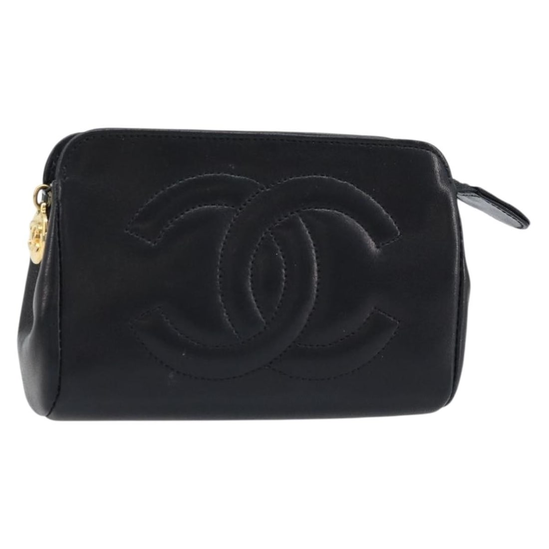 Black Lambskin Pouch with Gold CC Logo by Chanel: Black Lambskin Pouch with Gold CC Logo by Chanel This Chanel pouch is crafted from black lambskin leather with gold-tone accents. Designed for women, it features a compact silhouette and is made in Fr