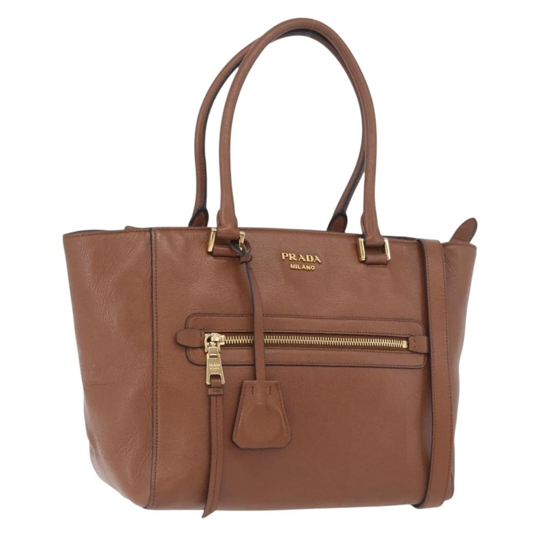 Prada leather brown gold two way handbag with strap and clochette: Prada leather brown gold two way handbag with strap and clochette This PRADA 2-way handbag is crafted from brown and gold leather, offering versatile carrying options with both handles and an adjustab