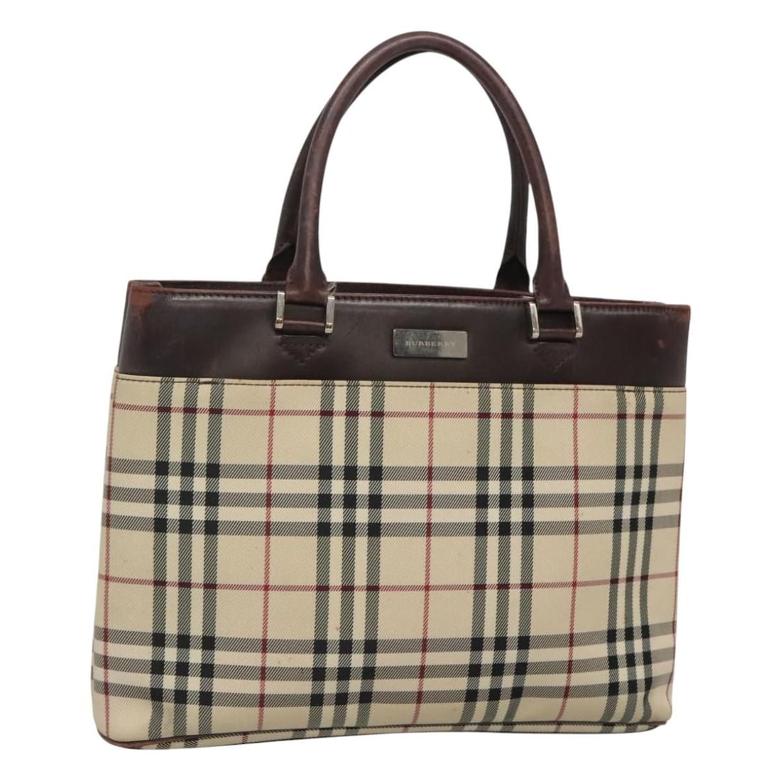 Burberry Nova Check nylon beige silver handbag: Burberry Nova Check nylon beige silver handbag This Burberry Nova Check handbag is crafted from durable nylon in a beige and silver color scheme. Designed for women, it features a spacious interior an