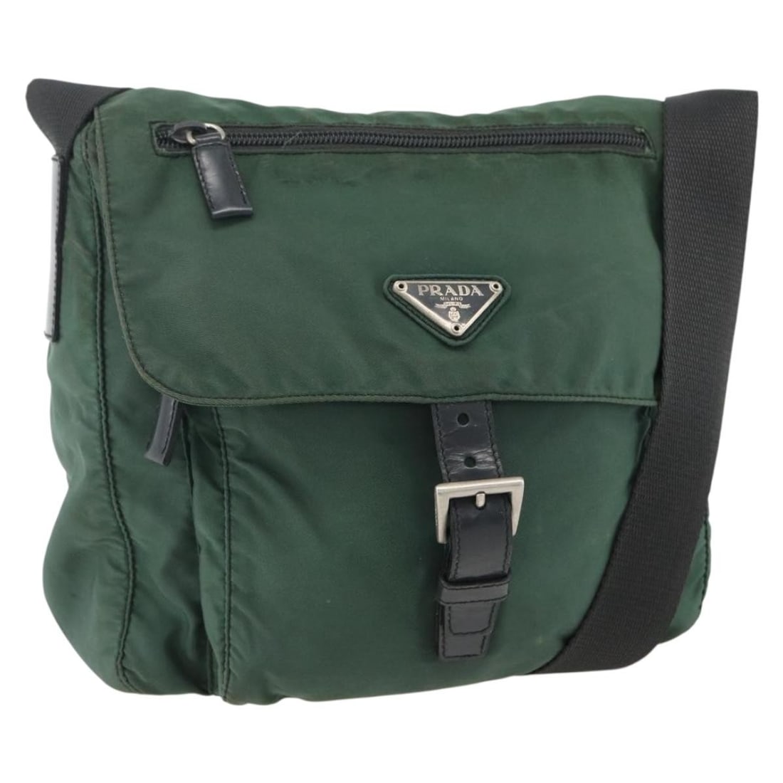 Green Nylon Shoulder Purse by Prada with Silver Tone Details: Green Nylon Shoulder Purse by Prada with Silver Tone Details This is a PRADA women's shoulder bag crafted from green and silver nylon. The bag features an adjustable shoulder strap and silver-tone har