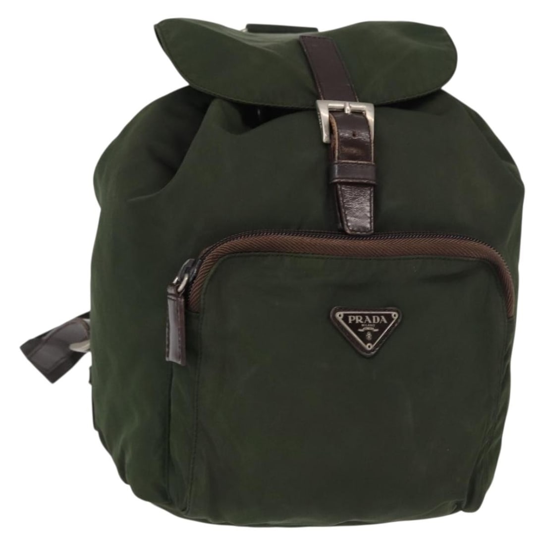 PRADA Khaki Silver Nylon Backpack Auth BA7769 Italy: PRADA Khaki Silver Nylon Backpack Auth BA7769 Italy This PRADA backpack combines functionality with high-end fashion, crafted from durable nylon in an elegant khaki and silver color scheme. Measuring 
