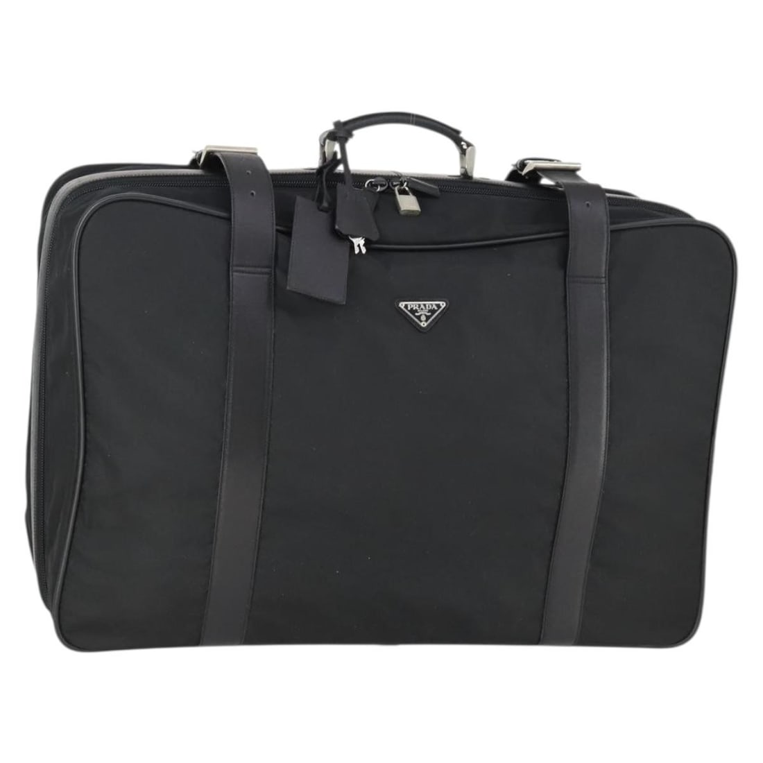 Prada Nylon Boston Bag Black Silver Padlock Key Clochette: Prada Nylon Boston Bag Black Silver Padlock Key Clochette This PRADA Boston Bag is crafted from durable nylon in a sleek black and silver color combination. Designed for women, it features a spacious 