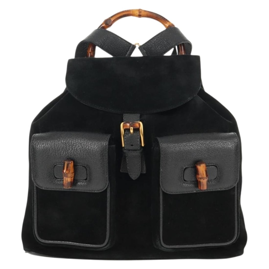 Gucci Suede Bamboo Backpack for Women Vintage 30cm by 28cm 9cm: Gucci Suede Bamboo Backpack for Women Vintage 30cm by 28cm 9cm This vintage Gucci Bamboo backpack for women features a black suede exterior with bamboo detailing. It offers a stylish and practical des