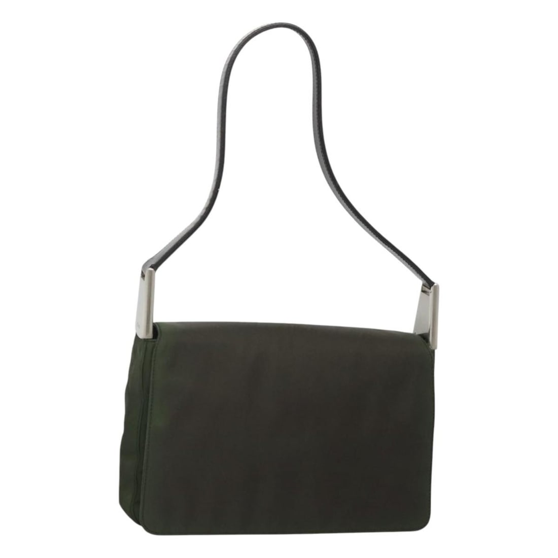 Prada Nylon Khaki Silver Shoulder Bag Italy: Prada Nylon Khaki Silver Shoulder Bag Italy This PRADA shoulder bag is crafted from durable khaki nylon with silver-tone accents. Designed for women, the bag features a compact silhouette with practic