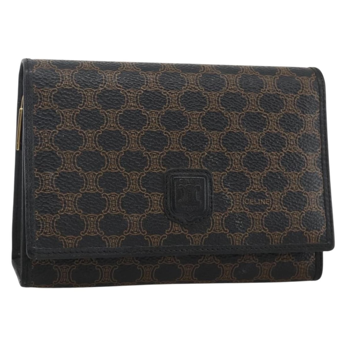 Celine Macadam Black PVC Canvas Pouch with Gold Accents: Celine Macadam Black PVC Canvas Pouch with Gold Accents This CELINE Macadam pouch features a black and gold design crafted from durable PVC leather and Macadam canvas. The compact pouch is designed fo