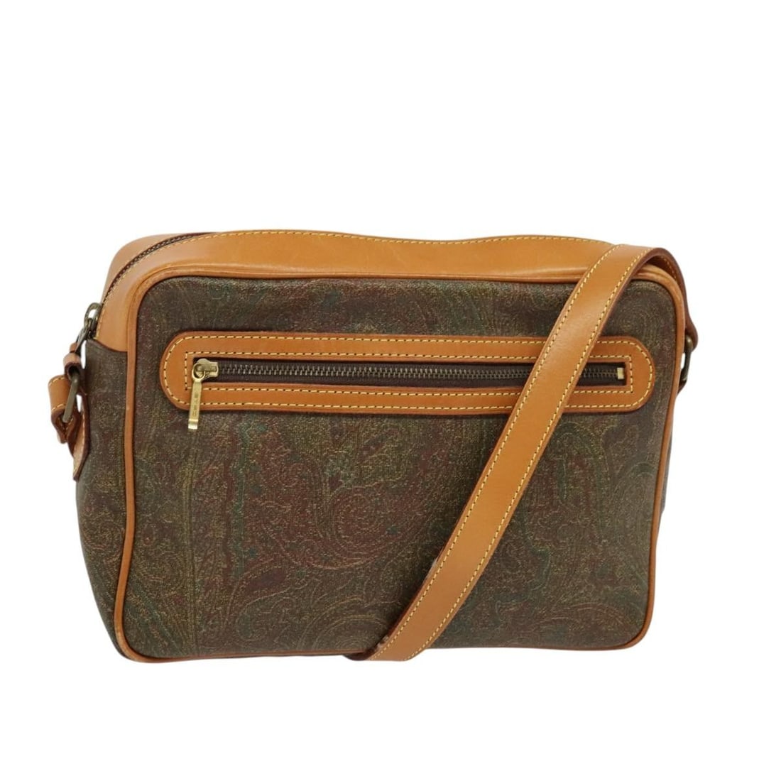 ETRO Brown PVC Paisley Shoulder Bag with Gold Accents Italy: ETRO Brown PVC Paisley Shoulder Bag with Gold Accents Italy This ETRO paisley shoulder bag features a brown and gold PVC leather exterior with a classic paisley design. The bag is designed for women a