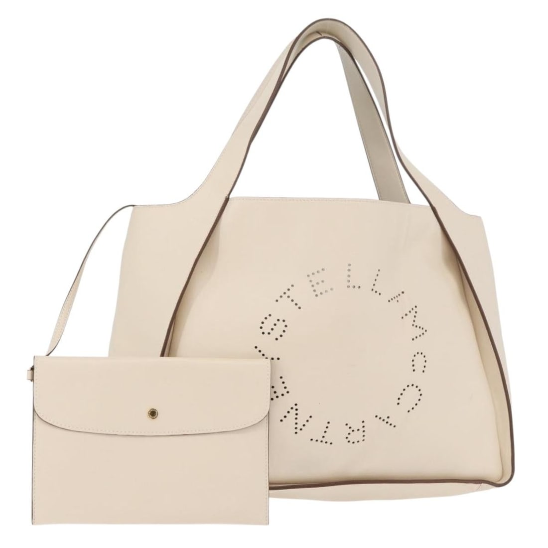 Stella McCartney ivory gold leather tote with dust bag Italy: Stella McCartney ivory gold leather tote with dust bag Italy This Stella MacCartney tote bag features a sophisticated ivory and gold leather exterior, offering both elegance and versatility. Crafted i