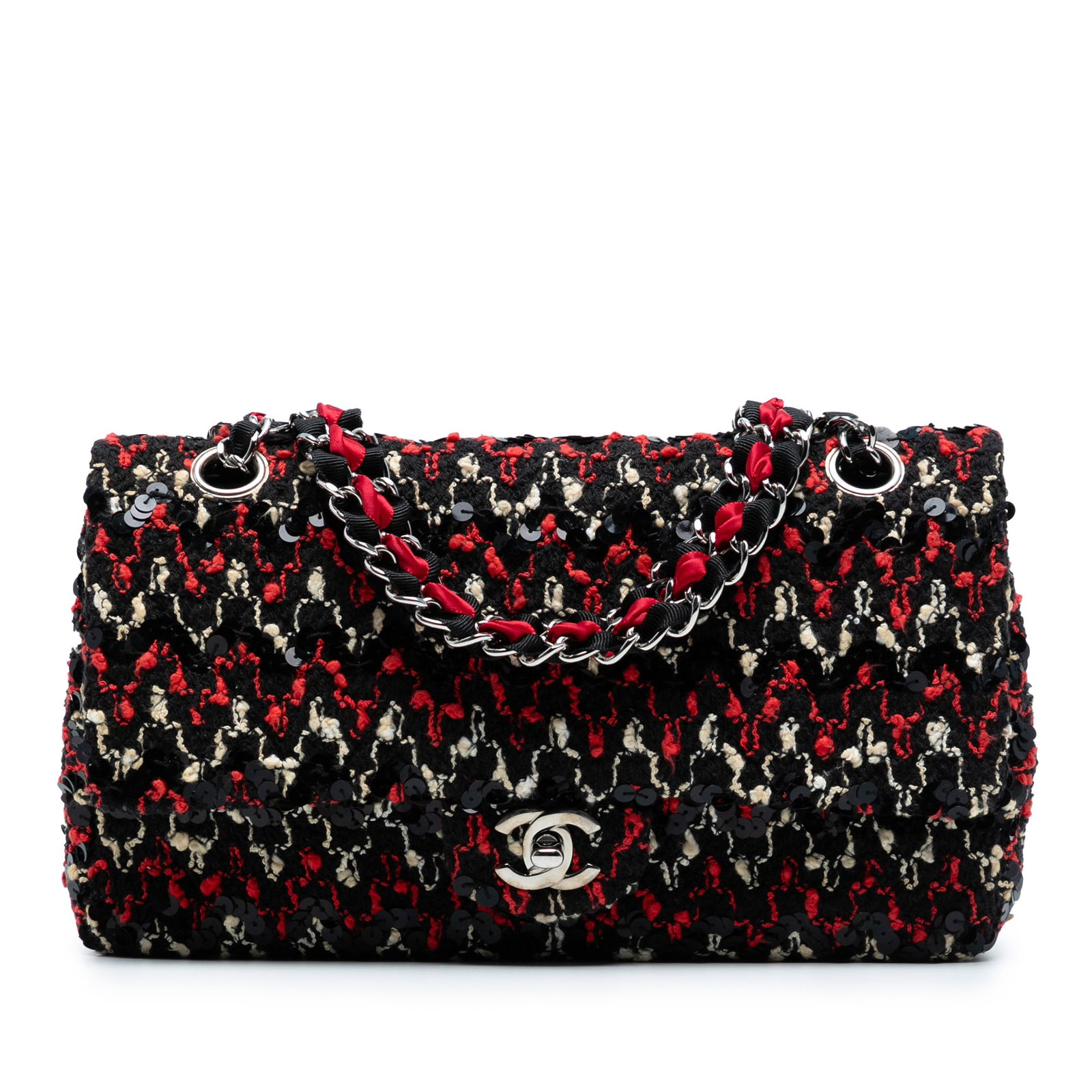 Chanel Medium Classic Tweed Sequins Double Flap Shoulder Bag Black: Chanel Medium Classic Tweed Sequins Double Flap Shoulder Bag Black This exquisite Chanel Medium Classic Tweed Sequins Double Flap shoulder bag showcases a stunning quilted tweed body adorned with intr