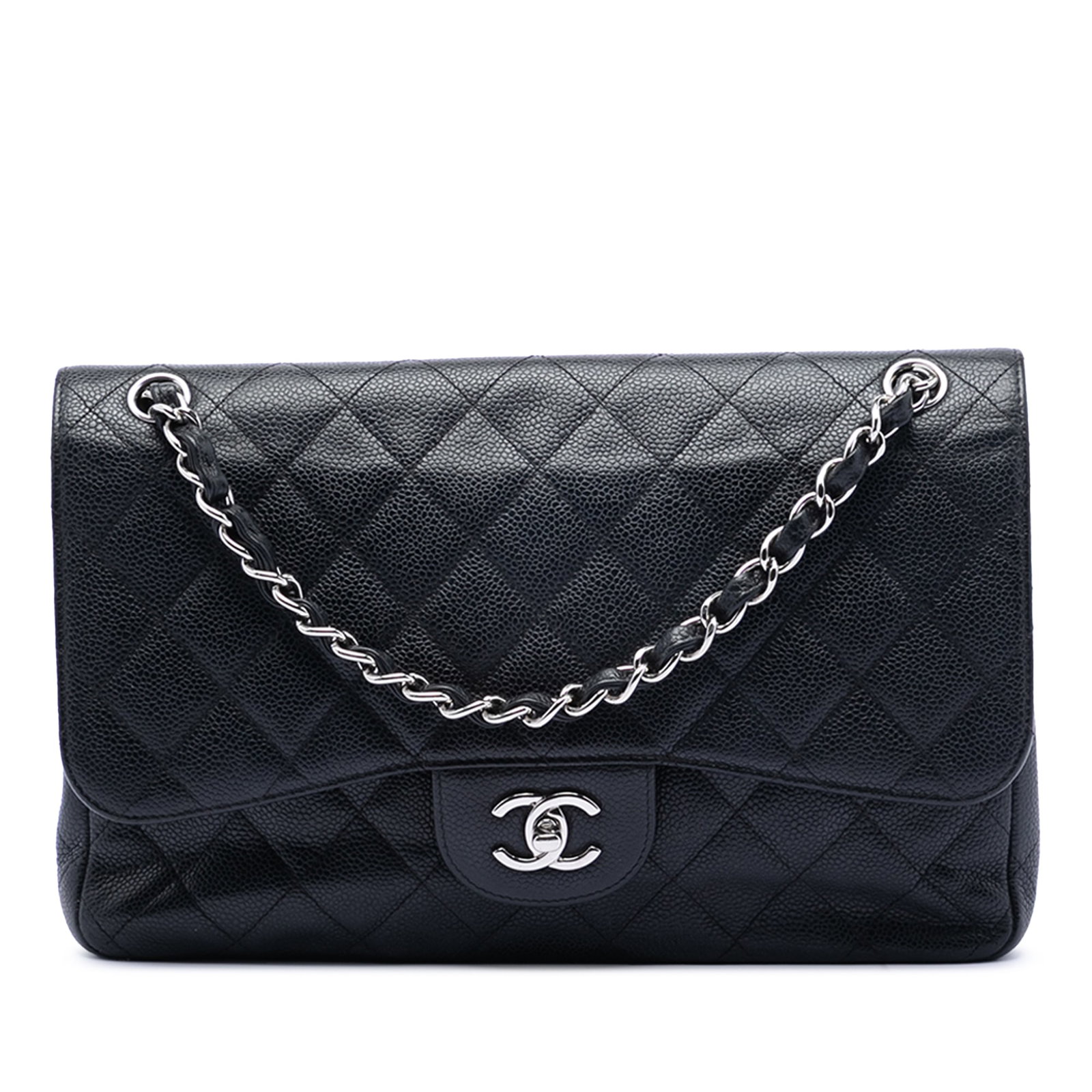 Black Chanel Jumbo Caviar Leather Double Flap Shoulder Bag Quilted with Chain Strap: Black Chanel Jumbo Caviar Leather Double Flap Shoulder Bag Quilted with Chain Strap This Chanel Jumbo Classic Caviar Double Flap shoulder bag showcases a quilted caviar leather exterior in black with 
