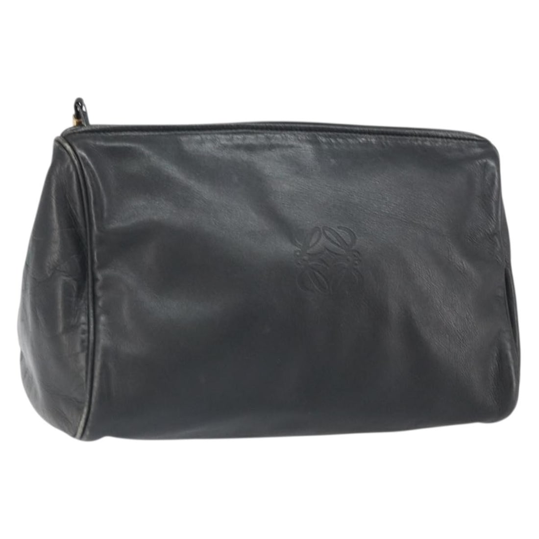 Loewe Black and Gold Leather Anagram Pouch Bag: Loewe Black and Gold Leather Anagram Pouch Bag This LOEWE Anagram pouch features a black and gold leather exterior and is crafted in Spain. The pouch shows signs of heavy use, including out-of-shape s