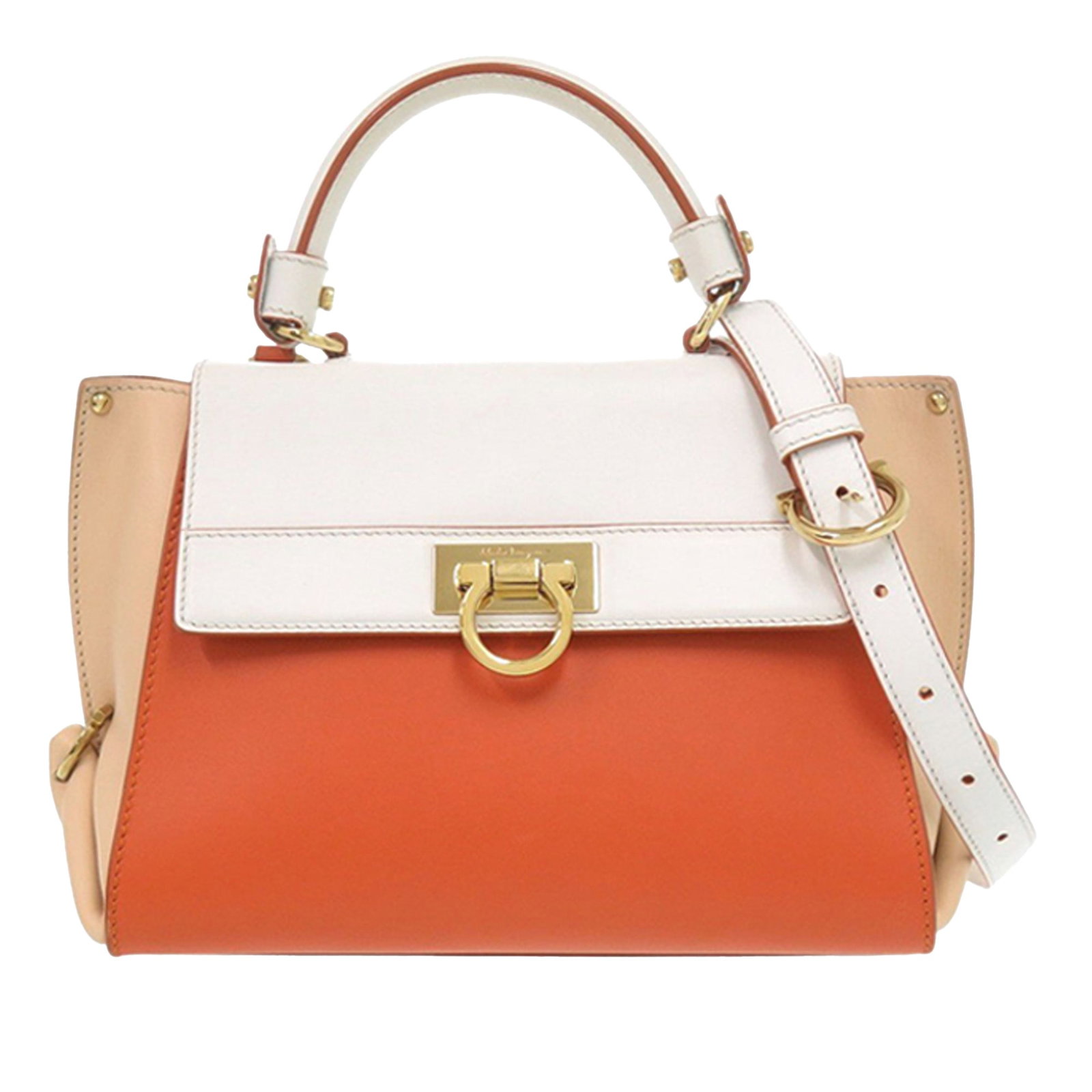 Small Gancini Sofia Satchel in Tricolor Leather with Top Handle: Small Gancini Sofia Satchel in Tricolor Leather with Top Handle This Ferragamo Small Tricolor Leather Gancini Sofia Satchel features a leather body in a vibrant orange tone, complemented by a flat lea