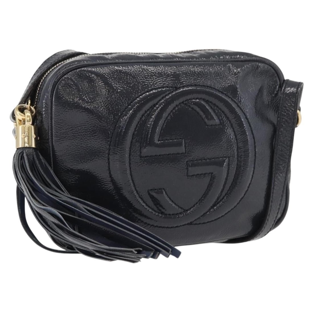 Gucci patent leather navy gold shoulder bag 308364 Italy: Gucci patent leather navy gold shoulder bag 308364 Italy This Gucci Soho shoulder bag is crafted from navy and gold patent leather, offering a stylish and modern look. Designed for women, the bag feat