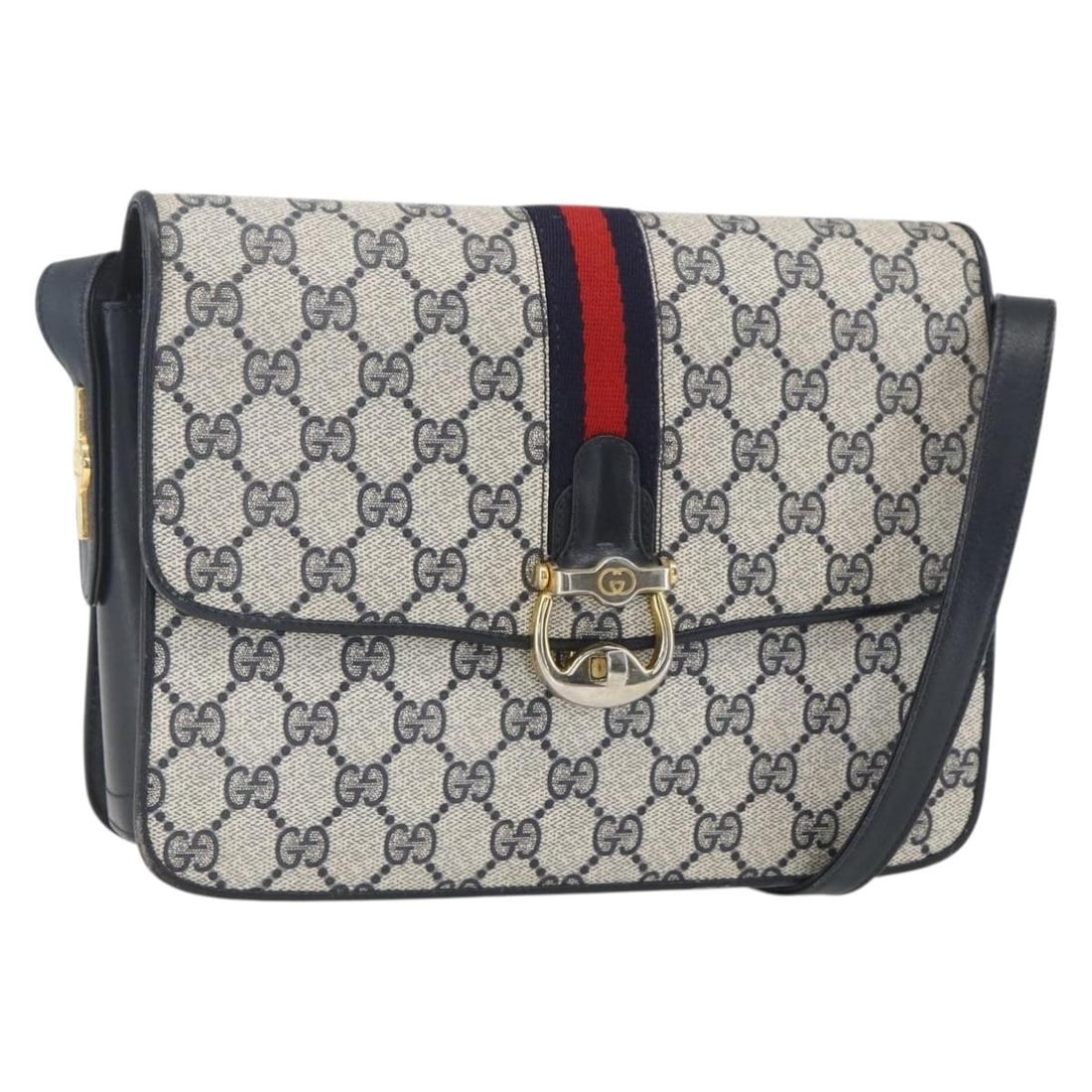 GUCCI GG Supreme Navy Gold PVC Shoulder Bag Italy Auth: GUCCI GG Supreme Navy Gold PVC Shoulder Bag Italy Auth This GUCCI GG Supreme Sherry Line Shoulder Bag is a stylish accessory crafted in Italy. Made from durable PVC leather, it features a classic navy