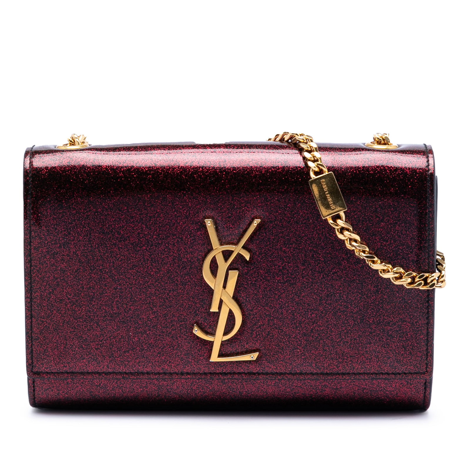 Red Leather Kate Crossbody Bag with Gold Chain and YSL Logo: Red Leather Kate Crossbody Bag with Gold Chain and YSL Logo This Saint Laurent Small Glitter Patent Monogram Kate Crossbody features a red leather body with a glitter patent finish. It is designed wit