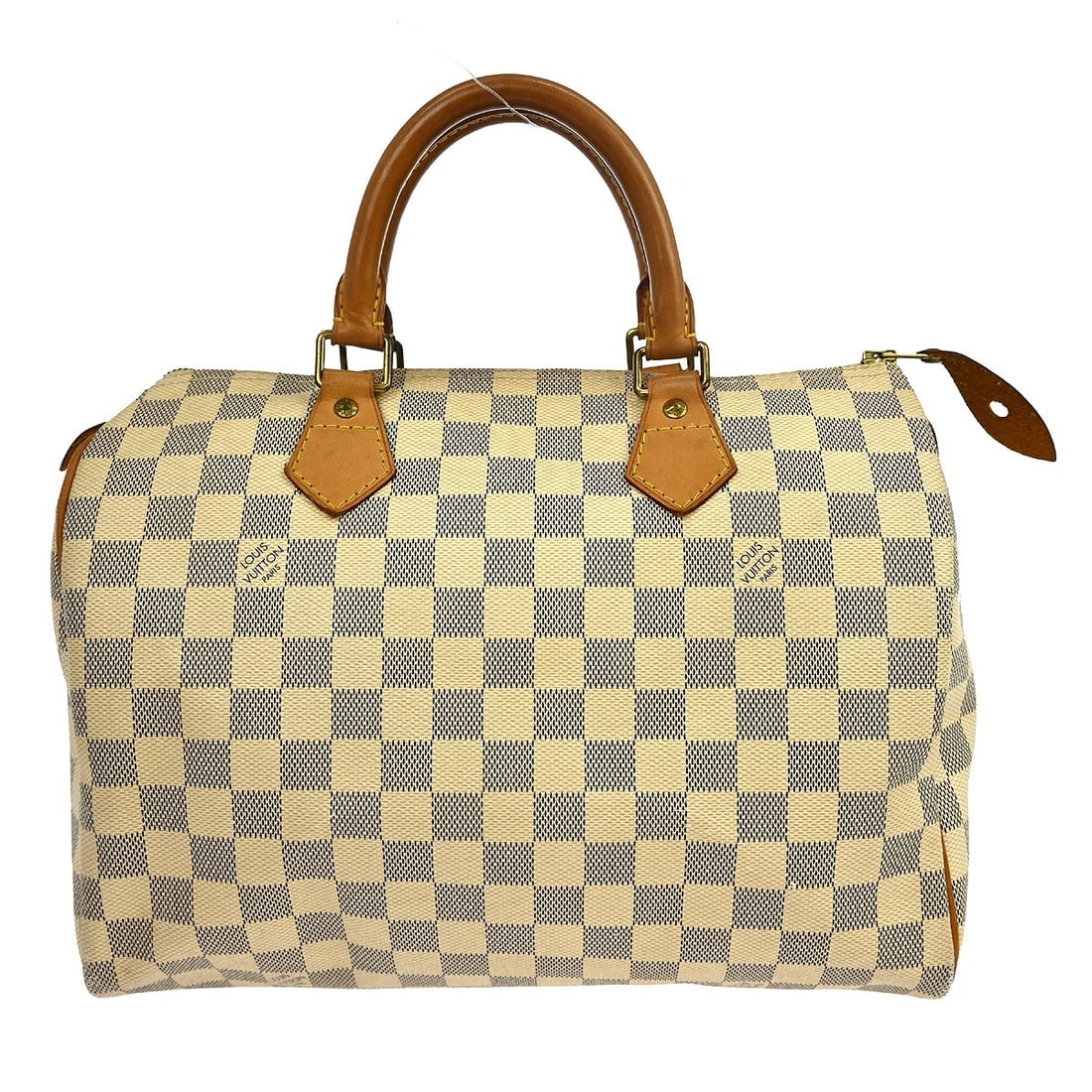 Louis Vuitton Speedy 30 Damier Azur Canvas Small Duffle Bag N41533: Louis Vuitton Speedy 30 Damier Azur Canvas Small Duffle Bag N41533 This Louis Vuitton Damier Azur Speedy 30 handbag features the iconic Damier Azur canvas exterior with leather trim and double beige l