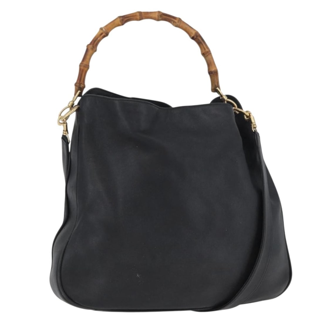 Gucci Bamboo Black Leather 2way Shoulder Bag with Gold Accents 001 1577: Gucci Bamboo Black Leather 2way Shoulder Bag with Gold Accents 001 1577 This GUCCI Bamboo Shoulder Bag features a 2-way design crafted from black leather with gold-tone accents. It includes both a sho