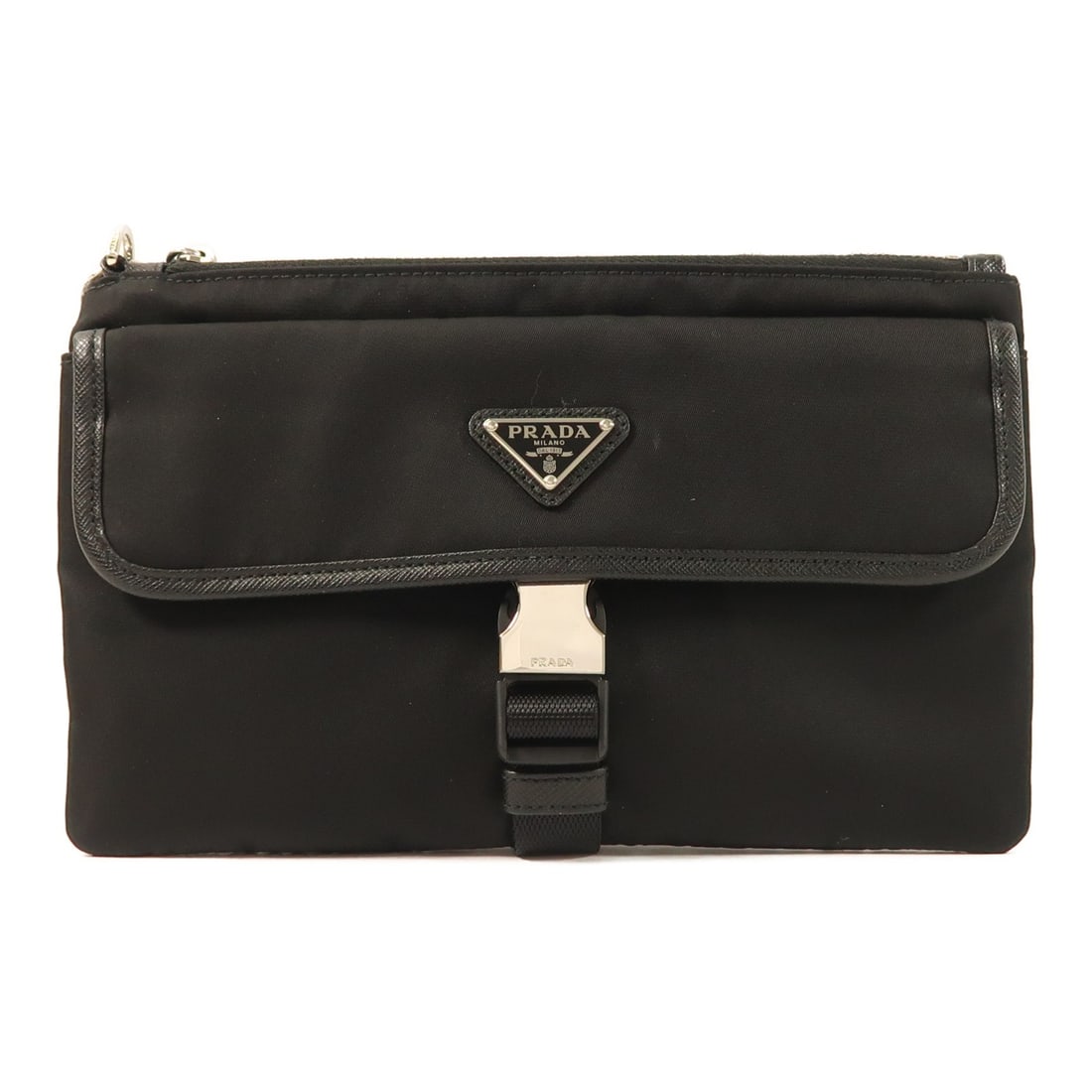 Prada Black Nylon Clutch Pouch with Silver Tone Hardware 2NH011: Prada Black Nylon Clutch Pouch with Silver Tone Hardware 2NH011 This Prada clutch bag features a sleek black nylon exterior with silver-tone hardware. Made in Italy, it offers a slim and modern design
