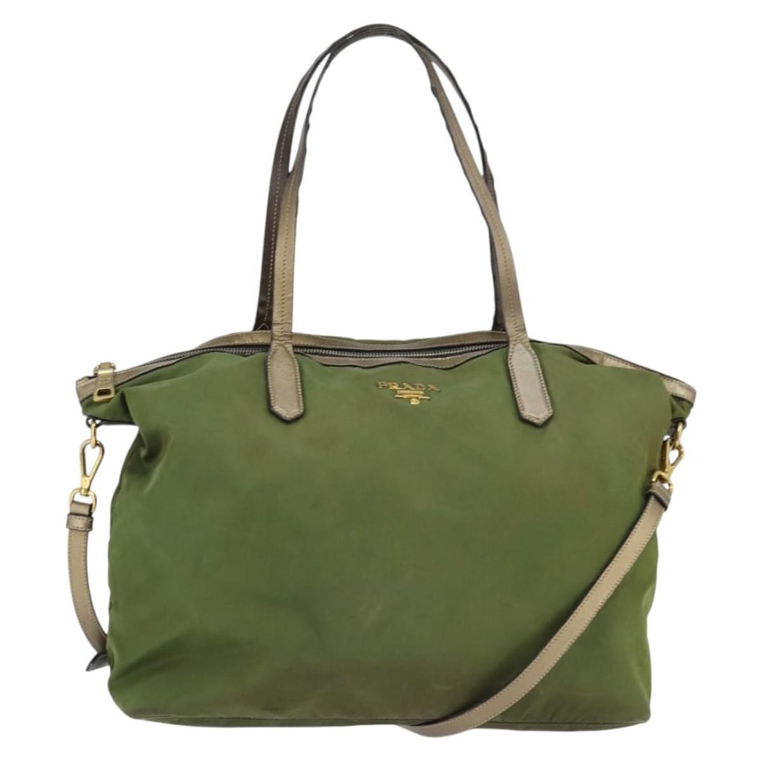 PRADA Khaki Gold Nylon Tote Bag with Shoulder Strap: PRADA Khaki Gold Nylon Tote Bag with Shoulder Strap This PRADA Tote Bag is crafted from durable nylon in a sophisticated khaki and gold color scheme, perfectly blending style and functionality. Measur