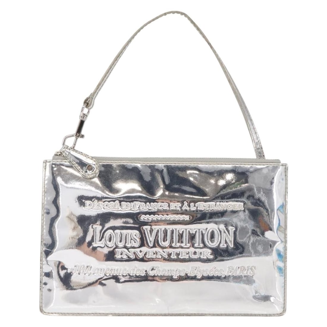 Silver PVC Louis Vuitton Monogram Miroir Pochette Clutch: Silver PVC Louis Vuitton Monogram Miroir Pochette Clutch This Louis Vuitton Pochette clutch is crafted from silver PVC material featuring the iconic Monogram Miroir design. It is designed for women an