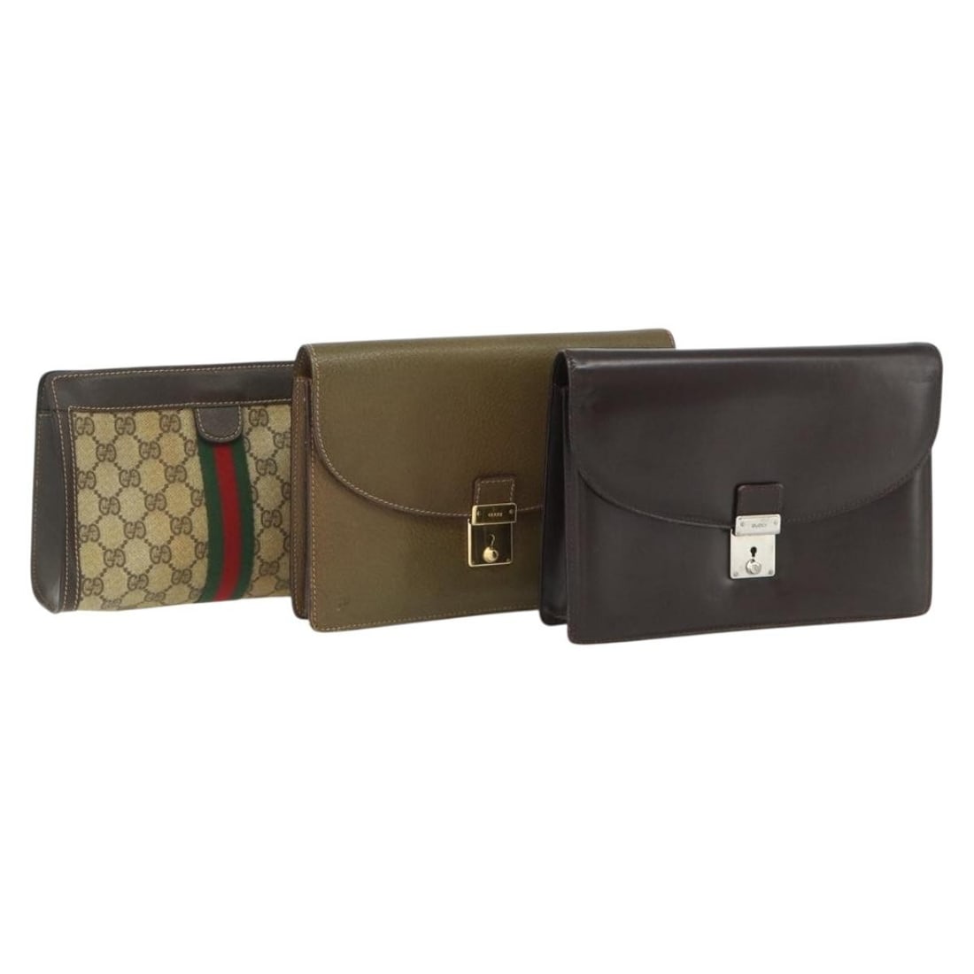 Gucci Sherry Line beige brown leather PVC clutch set with key and clochette: Gucci Sherry Line beige brown leather PVC clutch set with key and clochette This is a set of three authentic GUCCI GG Supreme Web Sherry Line clutch bags crafted from leather and GG canvas in beige an