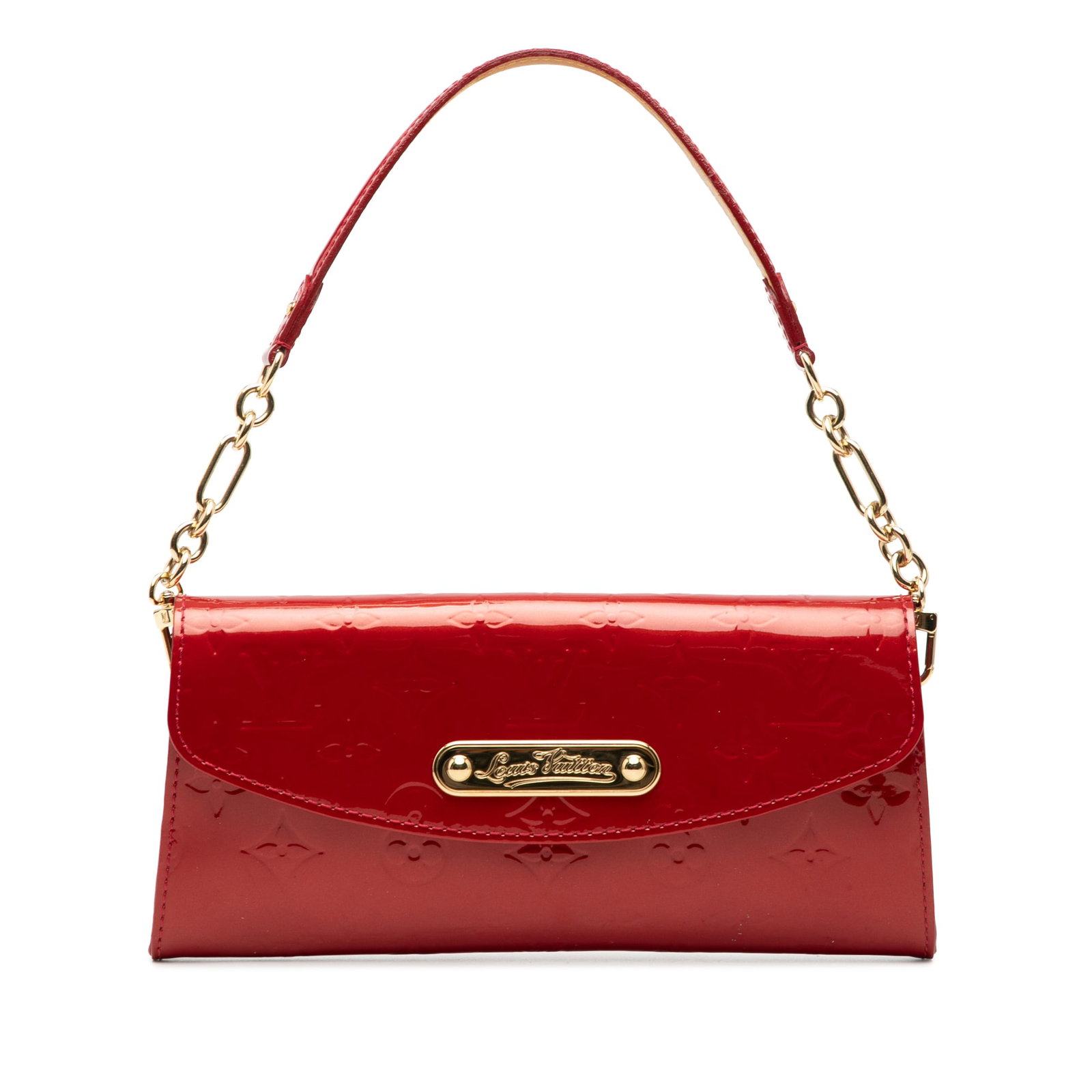 Louis Vuitton Sunset Boulevard Red Vernis Leather Chain Clutch: Louis Vuitton Sunset Boulevard Red Vernis Leather Chain Clutch The Louis Vuitton Monogram Vernis Sunset Boulevard is crafted from vernis leather in a striking red color. This bag features a detachable