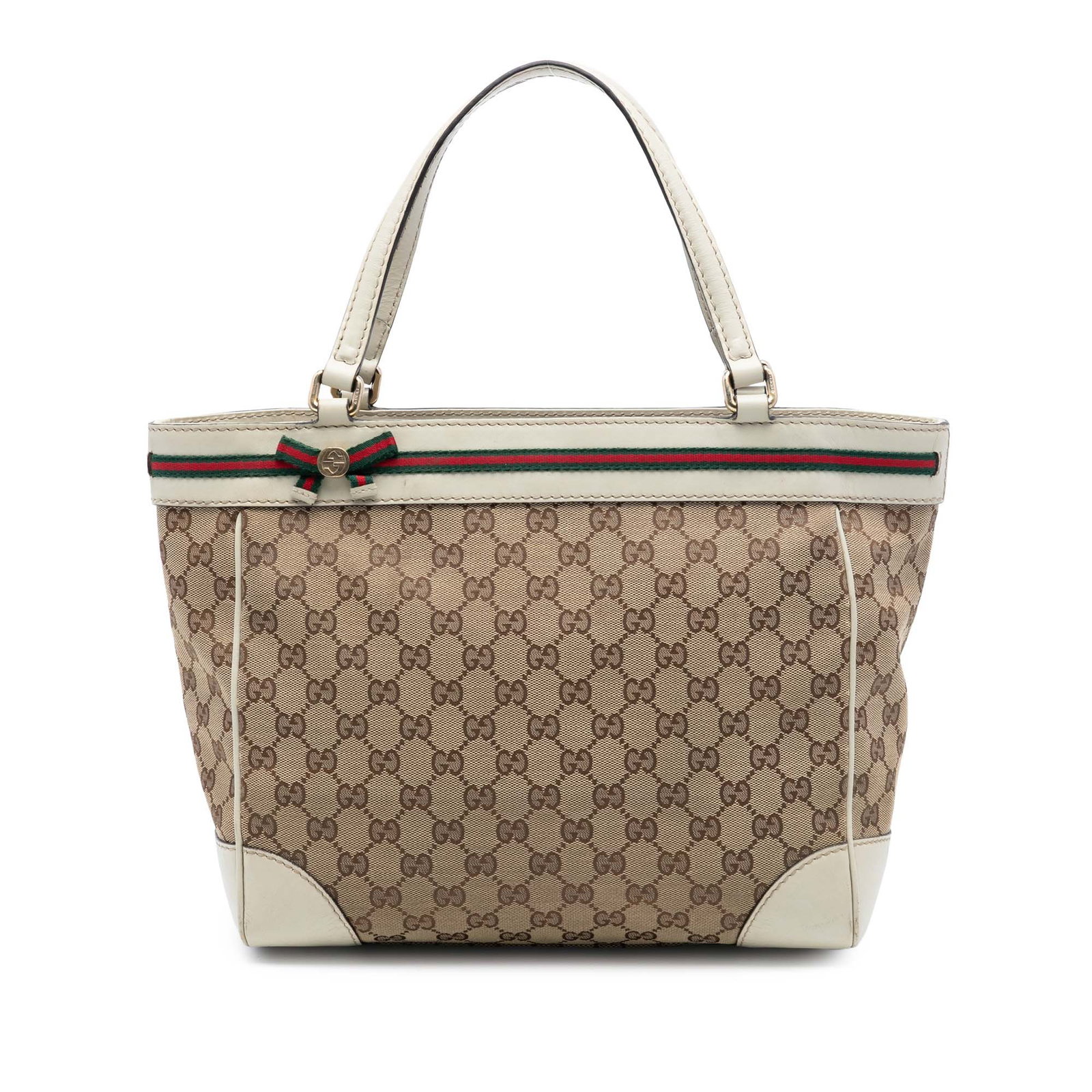 Gucci Mayfair Tote Bag Beige GG Canvas With Leather Trim: Gucci Mayfair Tote Bag Beige GG Canvas With Leather Trim The Gucci GG Canvas Web Mayfair Tote features a beige canvas body with leather trim and flat leather straps. It offers an open top with a magne