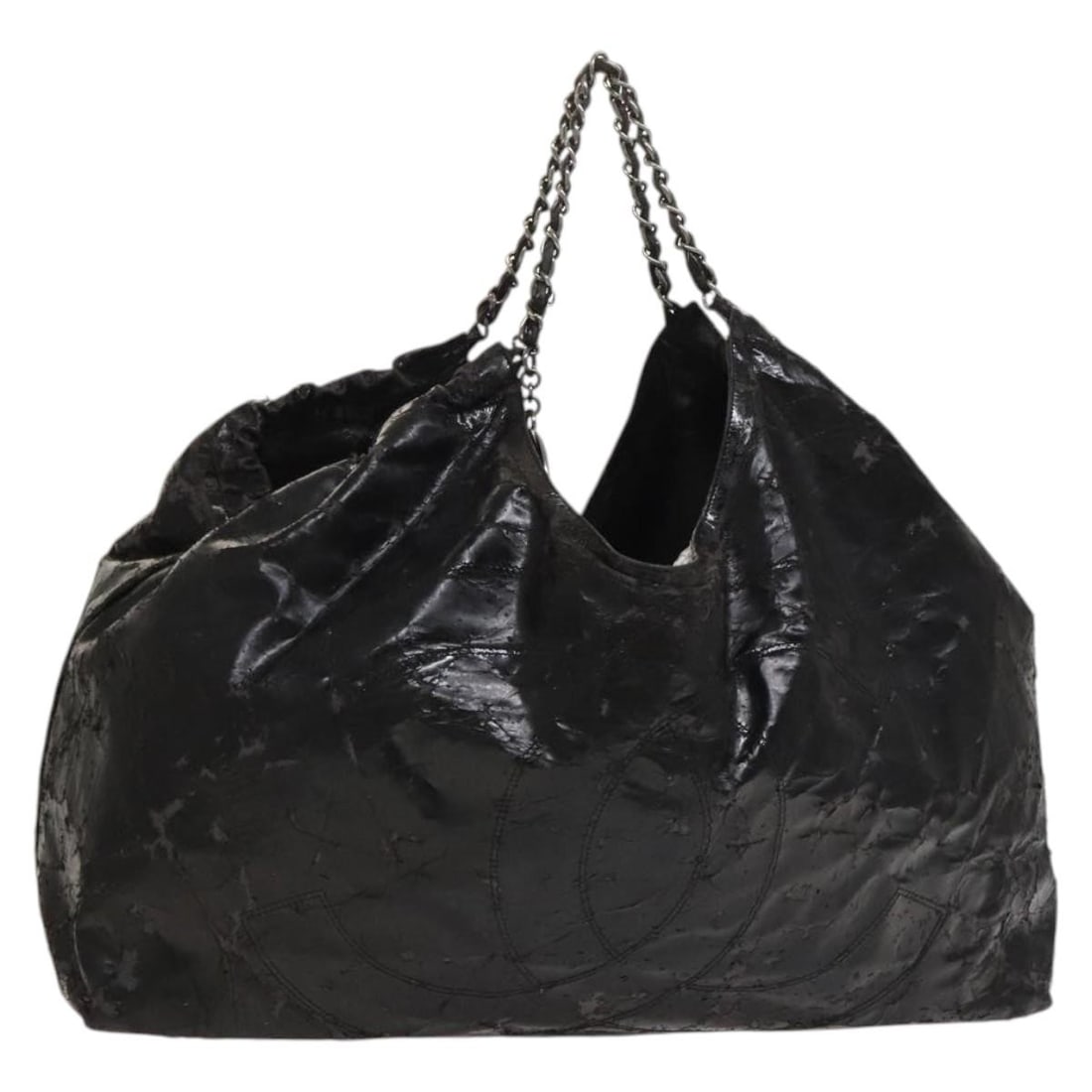 Chanel Silver Black Coated Canvas Shoulder Bag with Chain Strap and Card: Chanel Silver Black Coated Canvas Shoulder Bag with Chain Strap and Card This CHANEL shoulder bag is crafted from coated canvas in a striking silver and black color combination. Designed for women, it