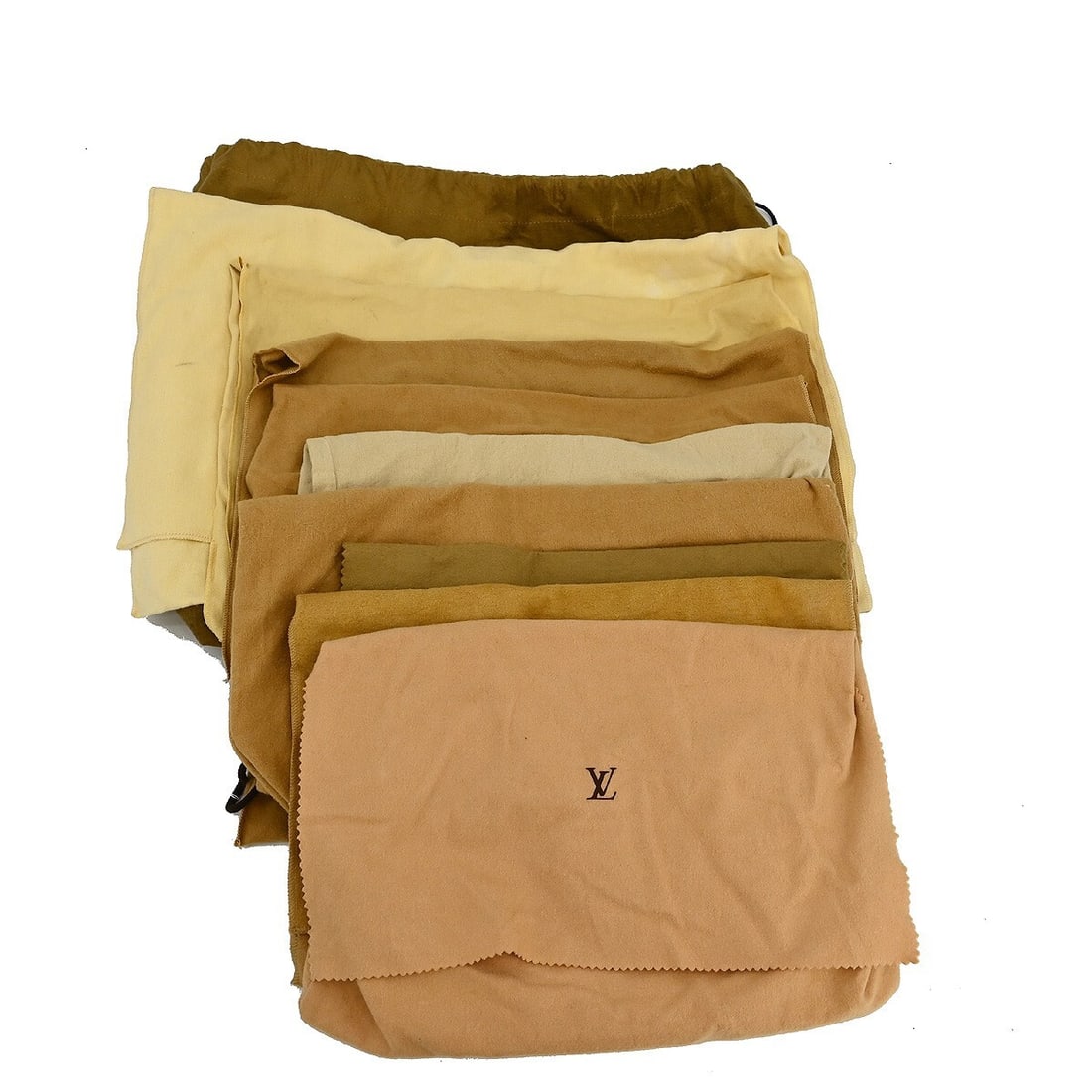Set of 10 Louis Vuitton Brown Beige Cotton Dust Bags: Set of 10 Louis Vuitton Brown Beige Cotton Dust Bags This set includes 10 authentic Louis Vuitton dust bags made from 100% cotton in brown and beige tones. Designed for unisex use, these dust bags off