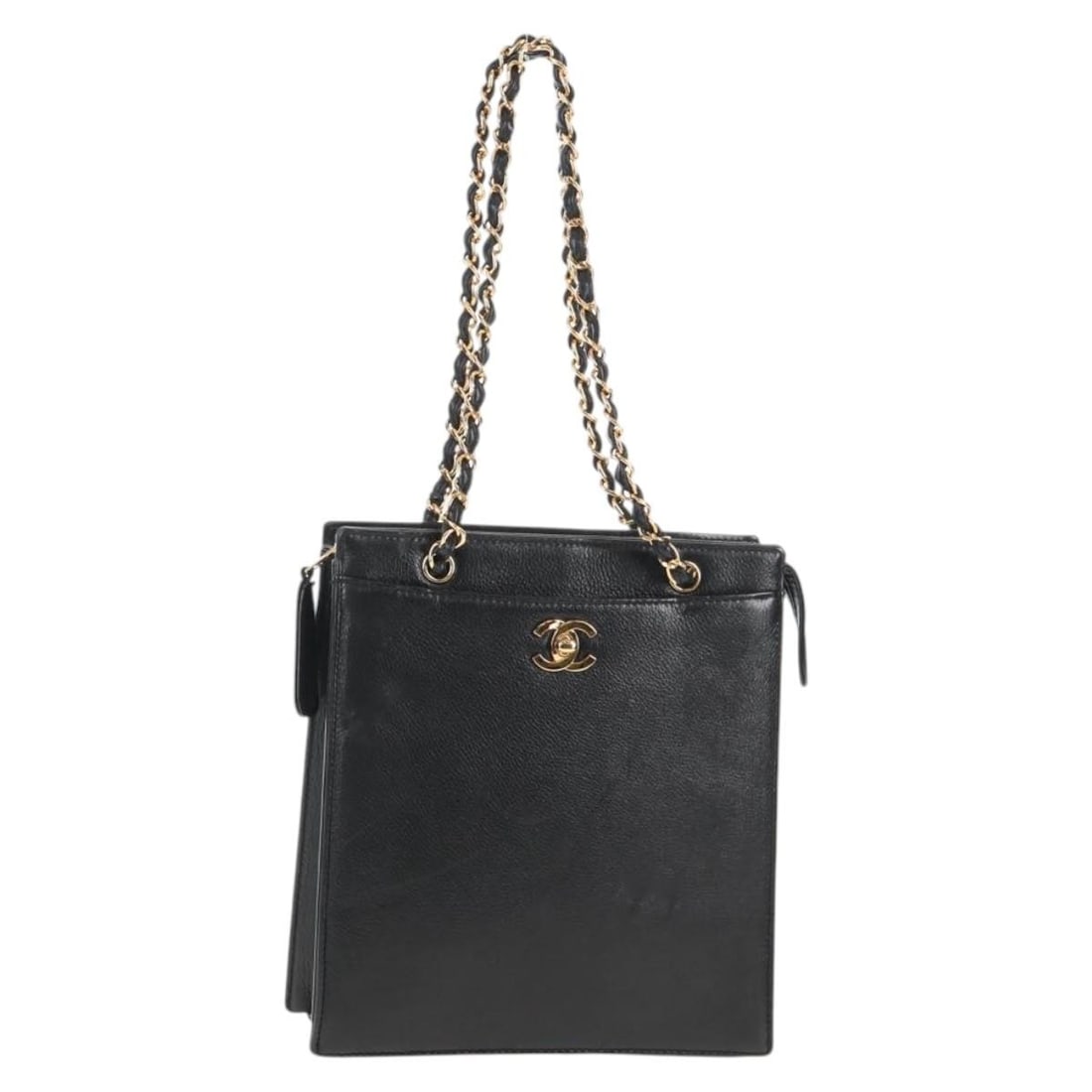 CHANEL Black Gold Caviar Hand Bag Authenticated 143812V: CHANEL Black Gold Caviar Hand Bag Authenticated 143812V Introducing the exquisite CHANEL Chain Hand Bag, crafted from luxurious grained calfskin, known as Caviar Skin. This elegant accessory features 