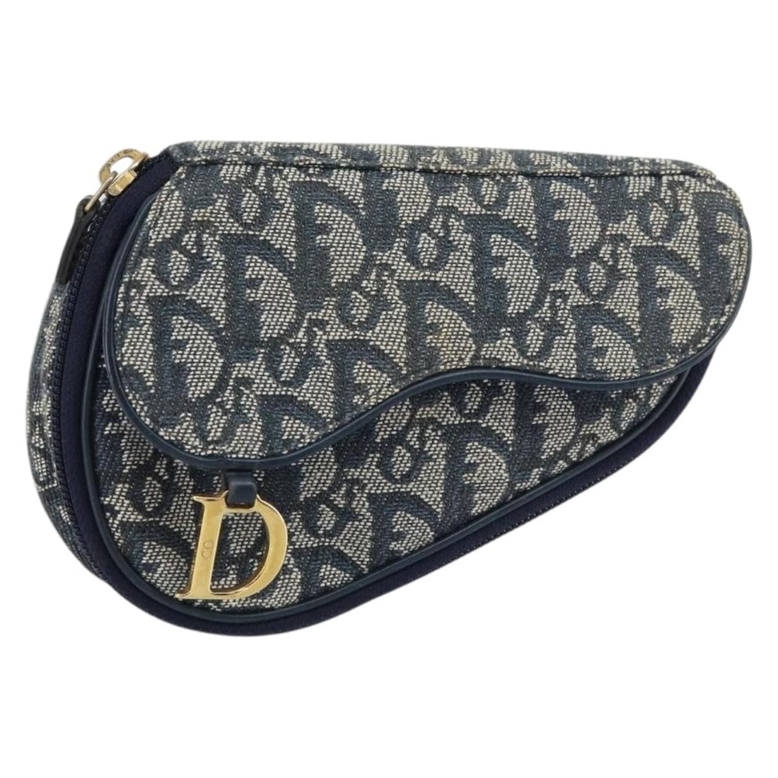 Dior Saddle Style Navy and Gold Trotter Canvas Pouch Bag: Dior Saddle Style Navy and Gold Trotter Canvas Pouch Bag This Christian Dior Trotter Canvas Saddle Pouch features a navy and gold color scheme and is crafted from the signature Trotter canvas. The pou