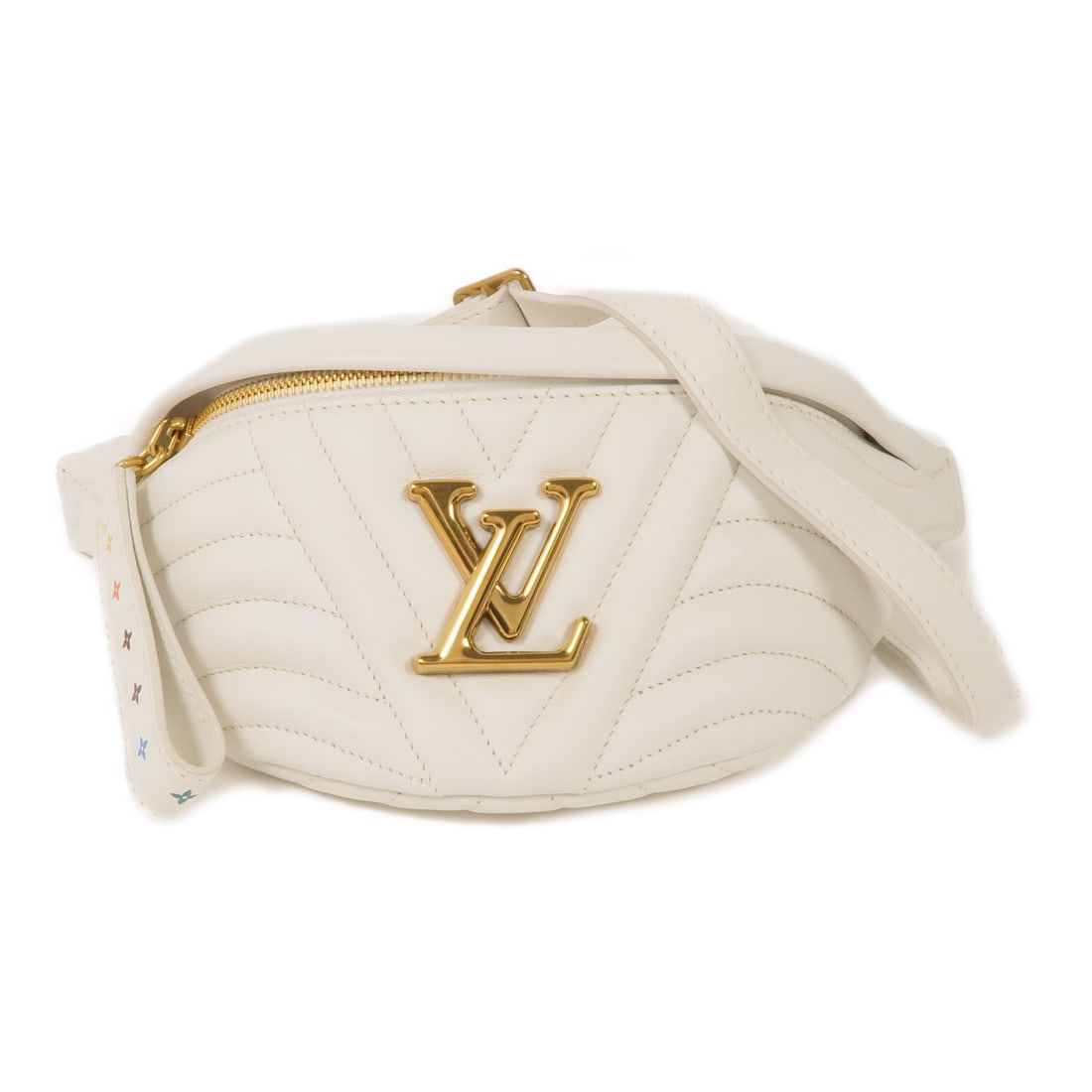 LOUIS VUITTON New Wave Bum Bag Calfskin Leather White GHW M53861: LOUIS VUITTON New Wave Bum Bag Calfskin Leather White GHW M53861 Introducing the LOUIS VUITTON New Wave Bum Bag, a stylish and functional waist bag crafted from premium calfskin leather in an elegant 