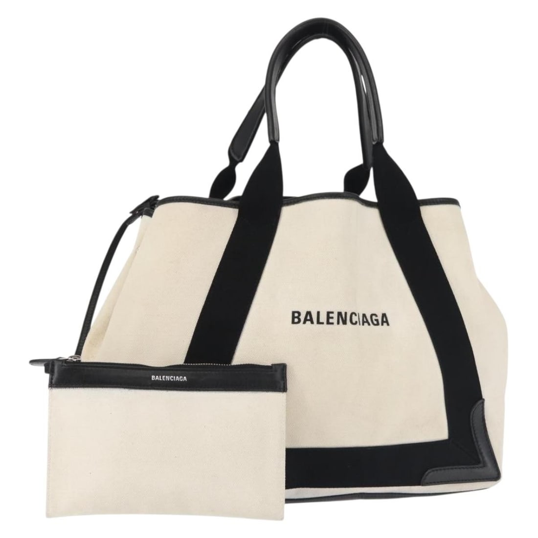 BALENCIAGA Navy Cabas M Hand Bag Canvas White Black Silver 581292 Auth: BALENCIAGA Navy Cabas M Hand Bag Canvas White Black Silver 581292 Auth This Balenciaga Navy Cabas M Bag showcases a stylish blend of canvas and leather in a striking white, black, and silver color com