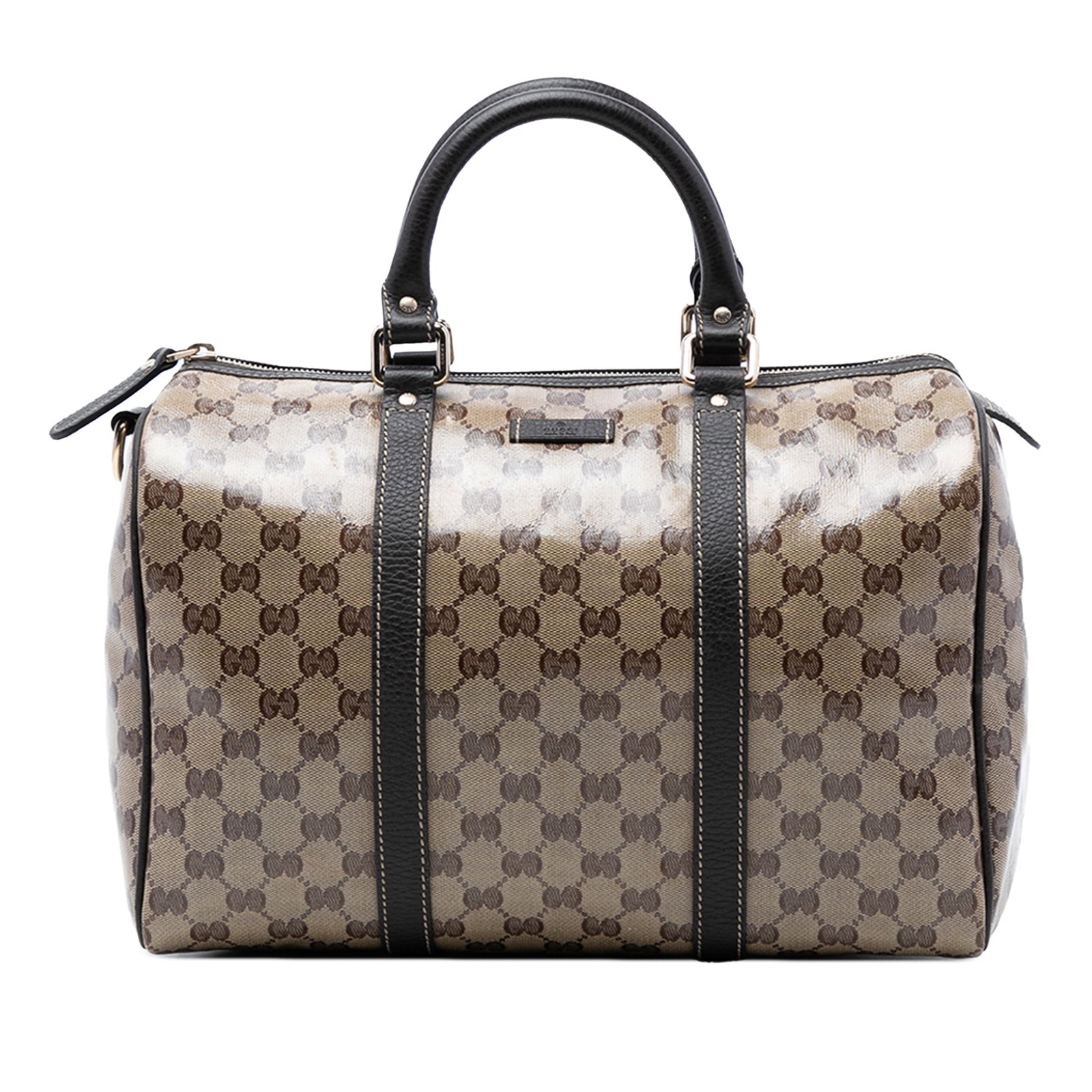 Gucci Joy Boston Medium GG Crystal Coated Canvas Satchel: Gucci Joy Boston Medium GG Crystal Coated Canvas Satchel This Gucci Medium GG Crystal Joy Boston Bag features a beige coated canvas body with leather trim, rolled leather handles, a top zip closure, a
