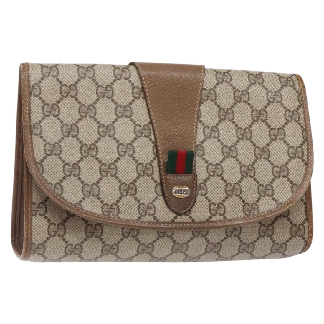 GUCCI GG Supreme Web Sherry Line Clutch Bag Beige Gold PVC 89 01 030 Auth: GUCCI GG Supreme Web Sherry Line Clutch Bag Beige Gold PVC 89 01 030 Auth Introducing the GUCCI GG Supreme Web Sherry Line Clutch Bag, a stylish accessory crafted in Italy. This elegant clutch is made