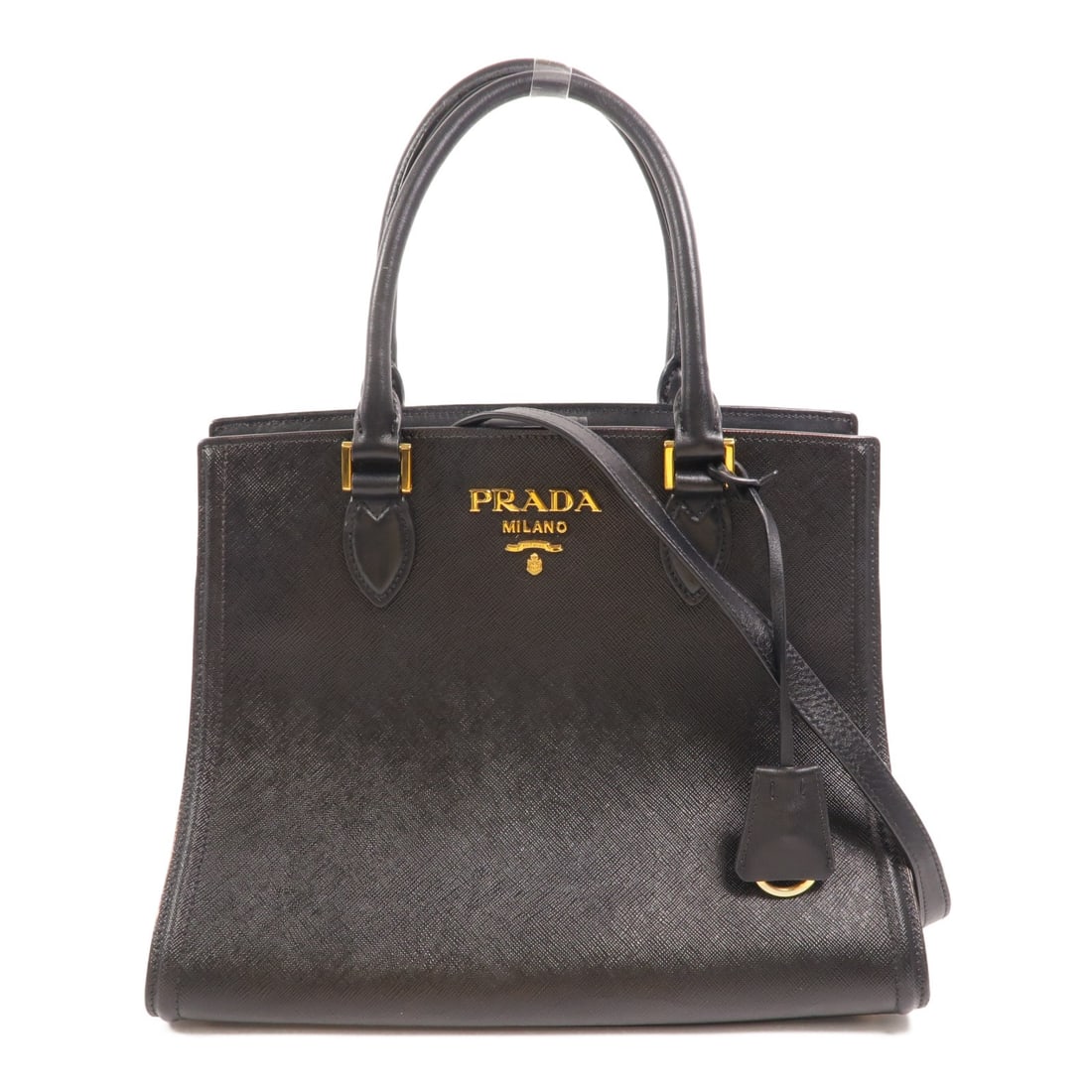 Prada Saffiano Black Leather 2 Way Shoulder Bag: Prada Saffiano Black Leather 2 Way Shoulder Bag This Prada 2-way shoulder bag is crafted from black Saffiano calfskin leather, offering both style and durability. The versatile design allows it to be 