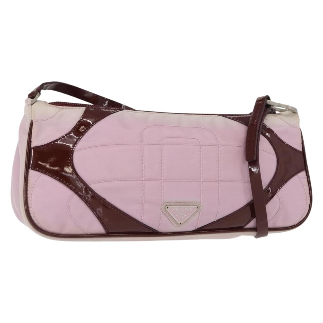 Prada Pink Silver Nylon Shoulder Bag with Guarantee Card Italy: Prada Pink Silver Nylon Shoulder Bag with Guarantee Card Italy This PRADA shoulder bag features a pink and silver nylon exterior with silver-tone hardware. Designed for women, it offers a compact silh