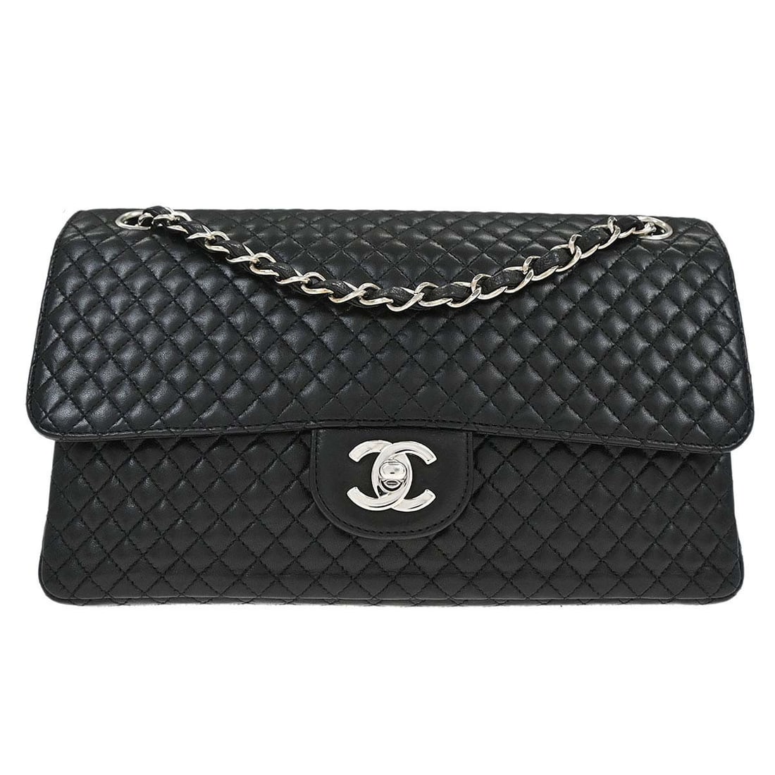 CHANEL Classic Flap Black Lambskin Shoulder Bag: CHANEL Classic Flap Black Lambskin Shoulder Bag This Chanel Classic Flap shoulder bag features luxurious black lambskin leather and a medium-sized silhouette. It is designed with a turn lock closure a