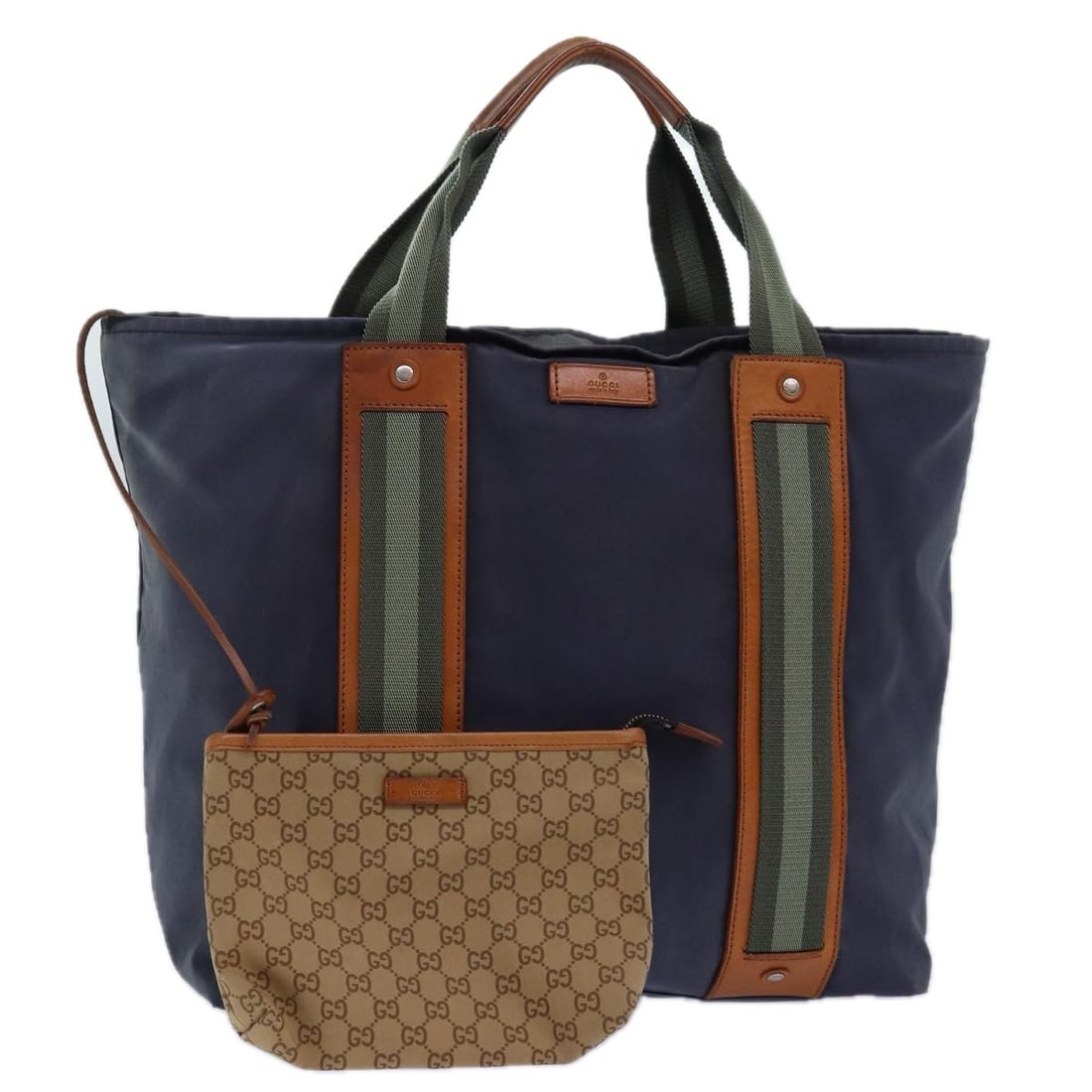 Gucci Nylon Khaki Silver Tote with Pouch Italy: Gucci Nylon Khaki Silver Tote with Pouch Italy This GUCCI tote bag is crafted from khaki and silver nylon, offering a spacious and practical design. The bag features a roomy interior and comes with a 