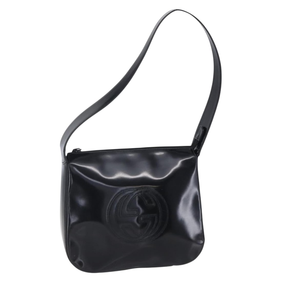 GUCCI Soho Shoulder Bag Black Enamel 001 1364 1703 Authentic: GUCCI Soho Shoulder Bag Black Enamel 001 1364 1703 Authentic This elegant Gucci Soho Shoulder Bag features a sleek black enamel exterior, embodying a classic design perfect for any occasion. Measuring