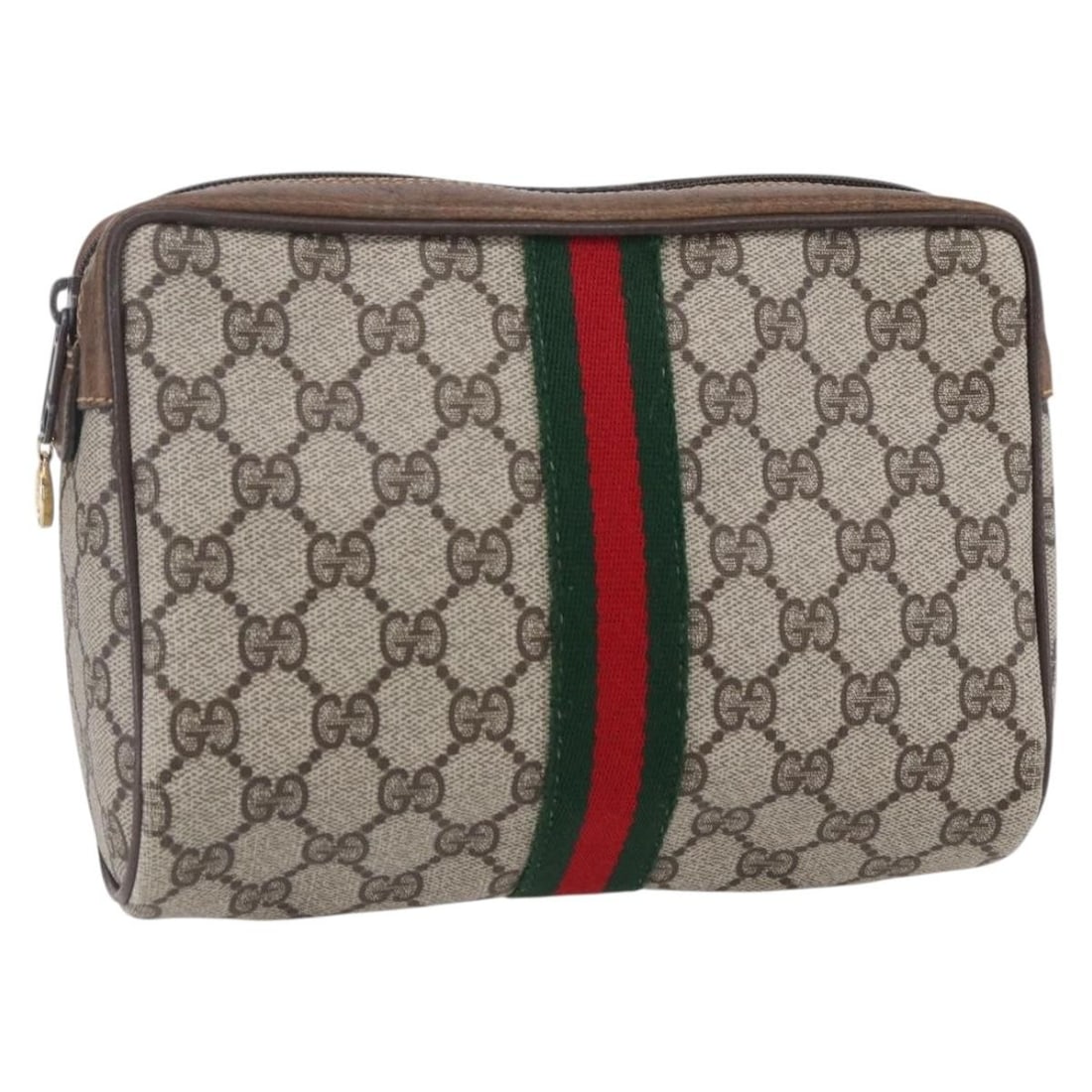 GUCCI GG Supreme Sherry Line Clutch Bag PVC Beige Red Auth 32 014 3553: GUCCI GG Supreme Sherry Line Clutch Bag PVC Beige Red Auth 32 014 3553 Elevate your accessory collection with this authentic GUCCI GG Supreme Web Sherry Line Clutch Bag. Crafted in Italy from durable 