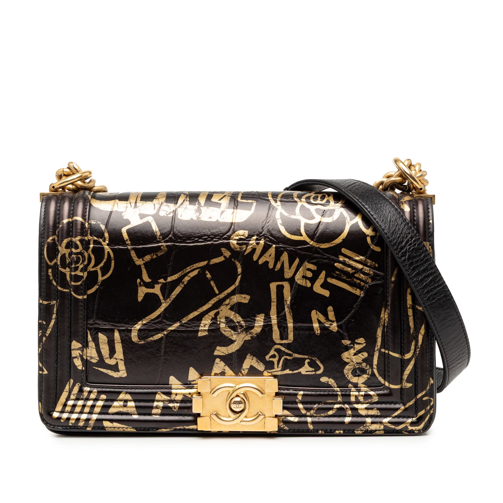 Chanel Boy Flap Medium Black Croc Embossed Graffiti Leather Shoulder Bag: Chanel Boy Flap Medium Black Croc Embossed Graffiti Leather Shoulder Bag This Chanel Medium Boy Flap bag showcases a croc-embossed and printed leather exterior with a distinctive graffiti crocodile de