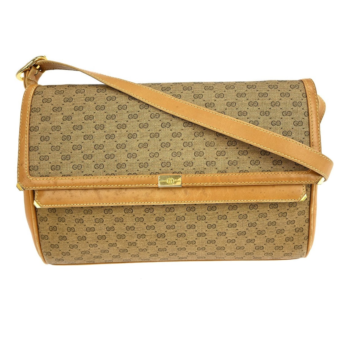 Vintage Gucci GG Pattern Beige Medium Shoulder Bag Leather PVC Italy: Vintage Gucci GG Pattern Beige Medium Shoulder Bag Leather PVC Italy This vintage Gucci shoulder bag features the iconic GG pattern in a chic beige color. Measuring 11 inches in width, 7 inches in hei