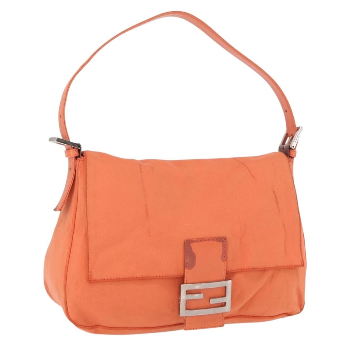 Fendi Mamma Baguette nylon orange silver shoulder bag: Fendi Mamma Baguette nylon orange silver shoulder bag This FENDI Mamma Baguette shoulder bag is crafted from orange nylon with silver-tone accents. Designed for women, it features a classic shoulder b