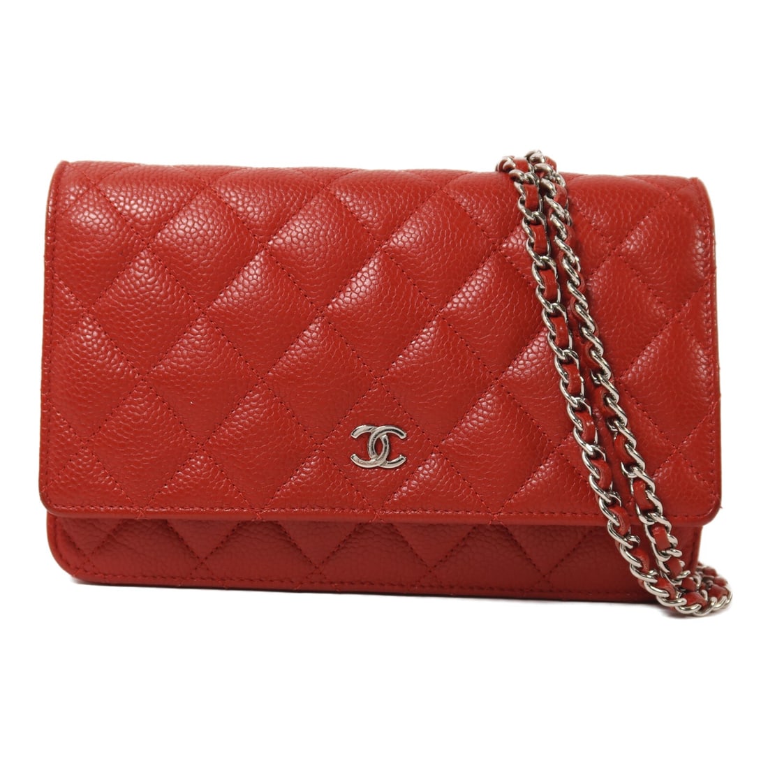 Red Calfskin Chanel Wallet on Chain Shoulder Bag with Silver Hardware: Red Calfskin Chanel Wallet on Chain Shoulder Bag with Silver Hardware This CHANEL CC Wallet On Chain shoulder bag is crafted from red calfskin leather and features silver-tone hardware. Designed for w