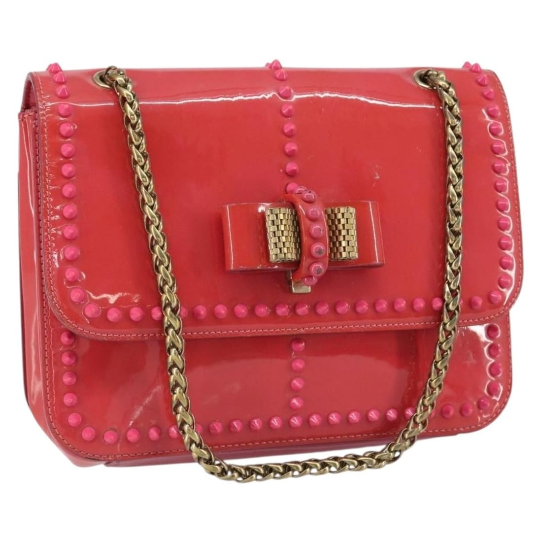 Christian Louboutin Pink Gold Enamel Studs Shoulder Bag Auth: Christian Louboutin Pink Gold Enamel Studs Shoulder Bag Auth This Christian Louboutin shoulder bag features a stunning pink and gold enamel exterior, exuding elegance and style. Crafted in Italy, the 