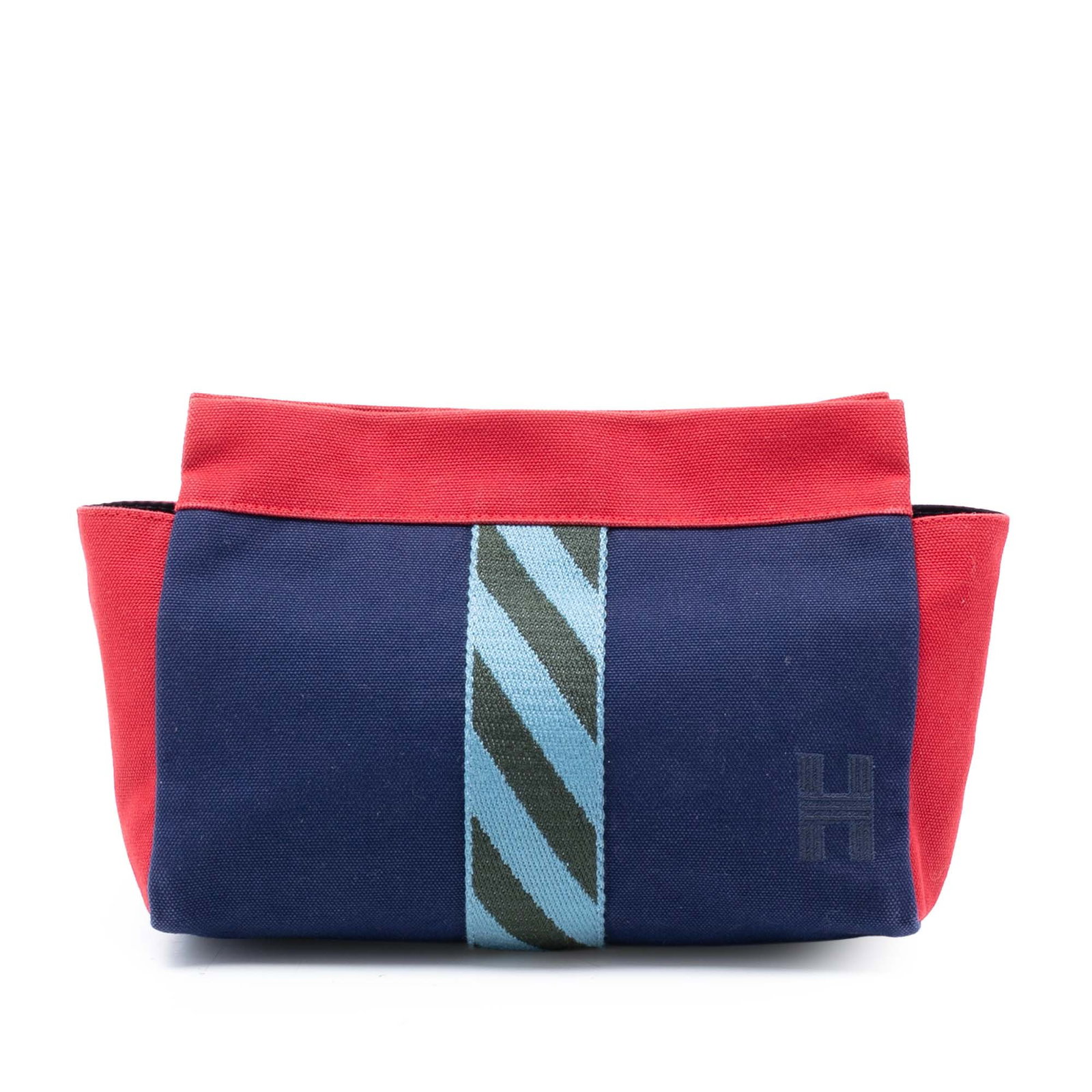 Blue Canvas Clutch Bag by Hermes Jimetou Jumping: Blue Canvas Clutch Bag by Hermes Jimetou Jumping The Hermes Jimetou Jumping clutch bag features a blue canvas body with a top zip closure and interior slip pockets. This piece is crafted in France and