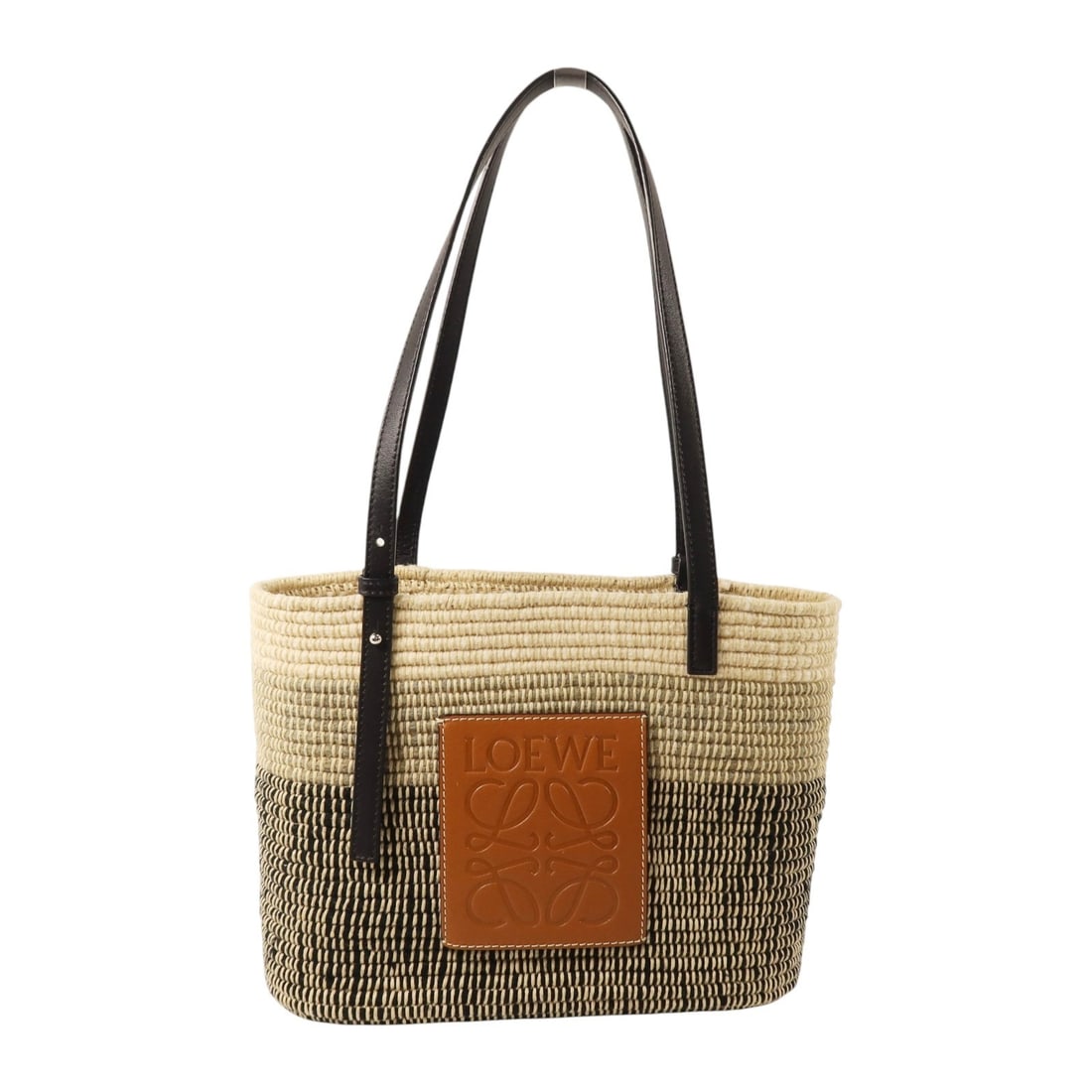 LOEWE Raffia Square Basket Tote Bag Beige Black: LOEWE Raffia Square Basket Tote Bag Beige Black This LOEWE Square Basket Shoulder Bag is crafted from raffia in a beige color, complemented by black accents. Designed as a tote, it features a spacious