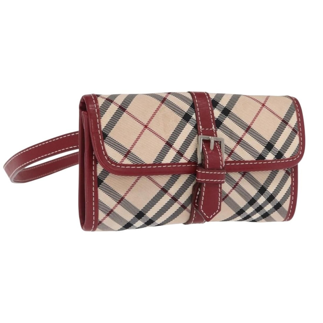 Burberry Blue Label Canvas Nova Check Waist Bag with Shoulder Strap Beige Silver: Burberry Blue Label Canvas Nova Check Waist Bag with Shoulder Strap Beige Silver This BURBERRY Blue Label 2-way waist bag features the signature Nova Check pattern in beige and silver canvas. It comes
