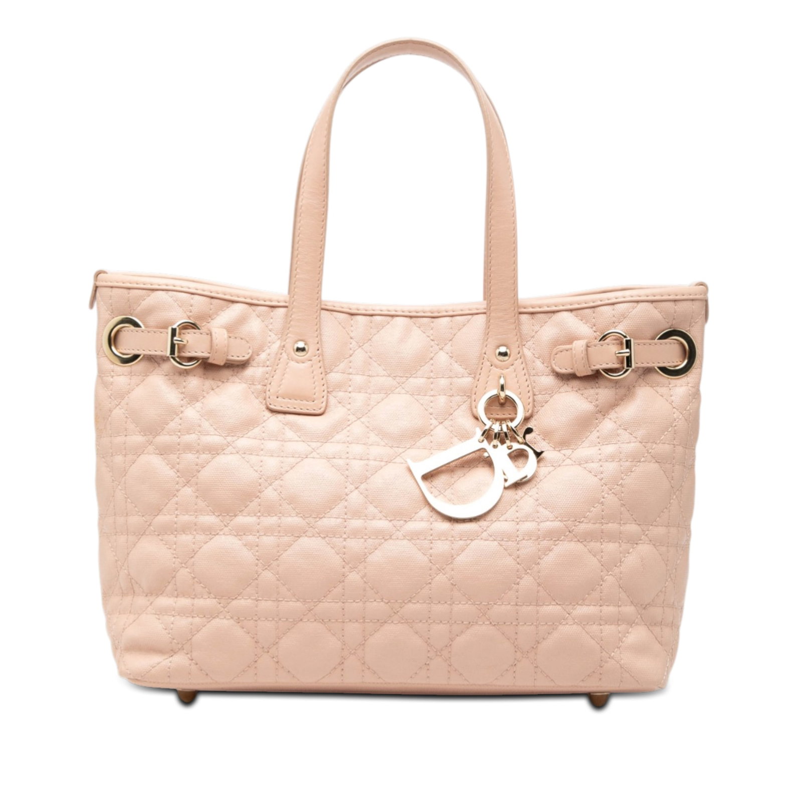 Dior Panarea Tote Medium Pink Quilted Coated Canvas with Leather Trim: Dior Panarea Tote Medium Pink Quilted Coated Canvas with Leather Trim This Dior Medium Coated Canvas Cannage Panarea Tote features a quilted coated canvas exterior with leather trim, flat leather shou