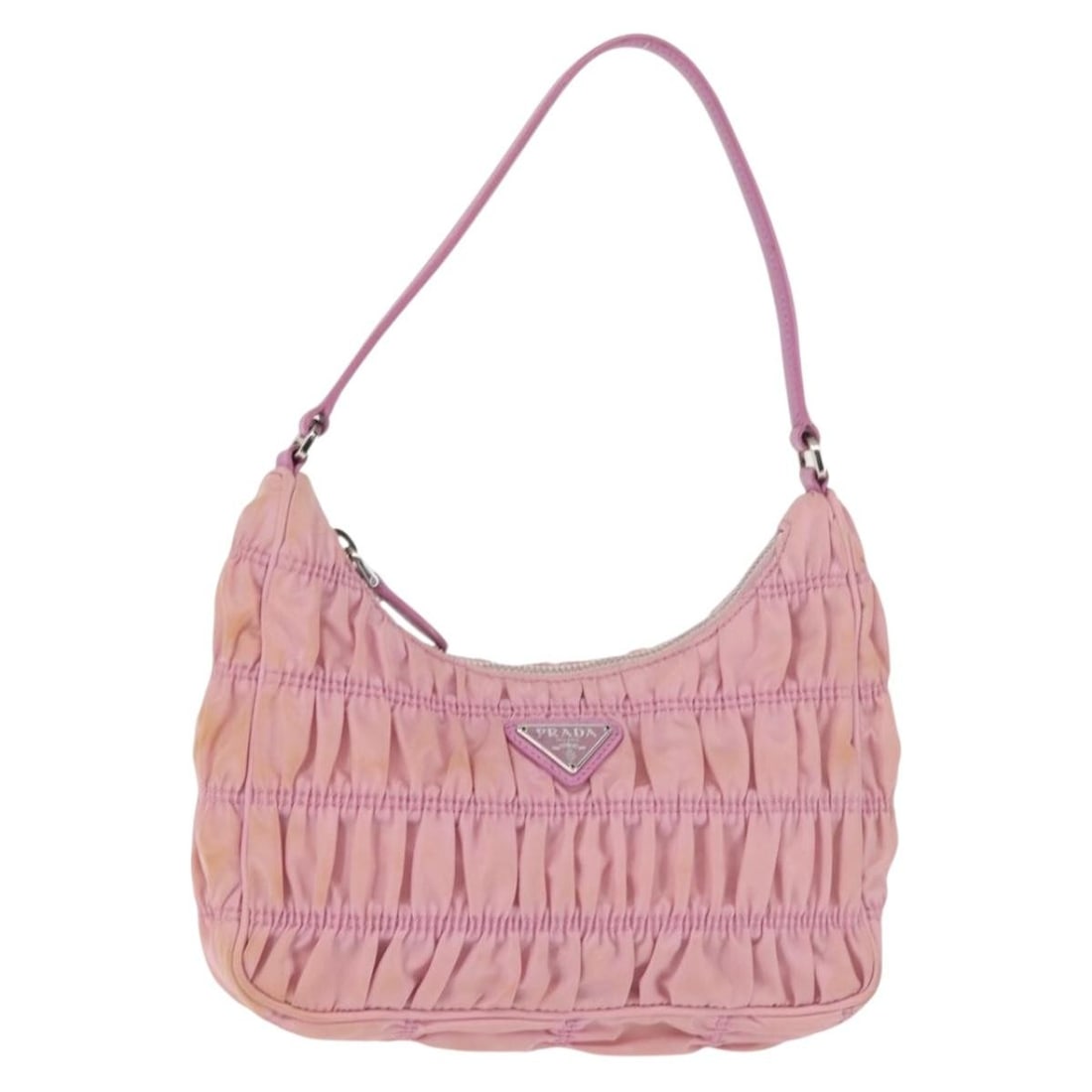 Prada pink nylon shoulder bag with guarantee card Italy: Prada pink nylon shoulder bag with guarantee card Italy This PRADA shoulder bag is crafted from durable nylon in a pink and silver color combination. Made in Italy, it features a compact design with a